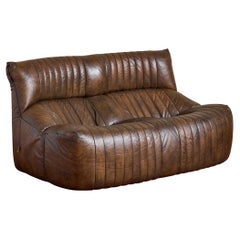 1980s Brown Leather Loveseat by Michel Ducaroy, Channeled Design