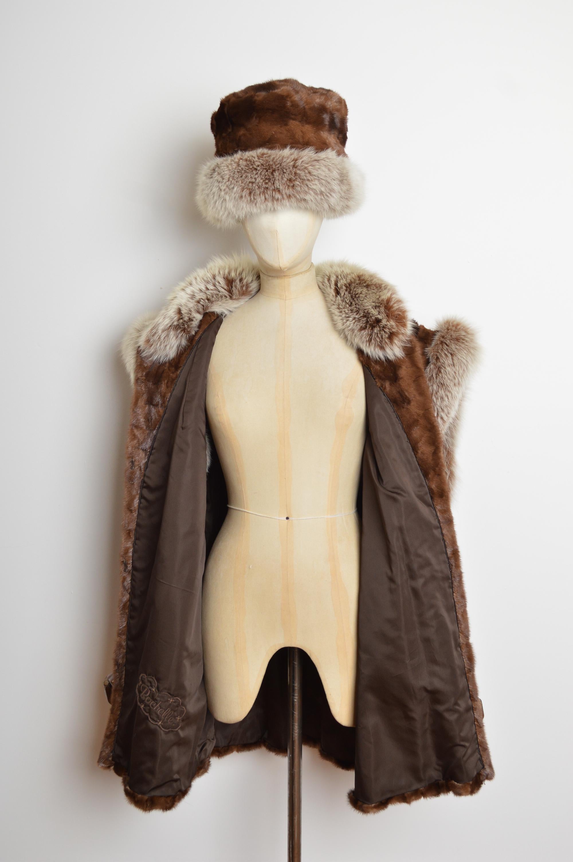 1980 Brown Mink & Fox Trim Real Fur Matching Gilet Coat & Hat - Set en vente 9