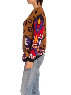 1980S Brown Multicolored Cotton Blend Cedars Wildcat Beaded Sweater