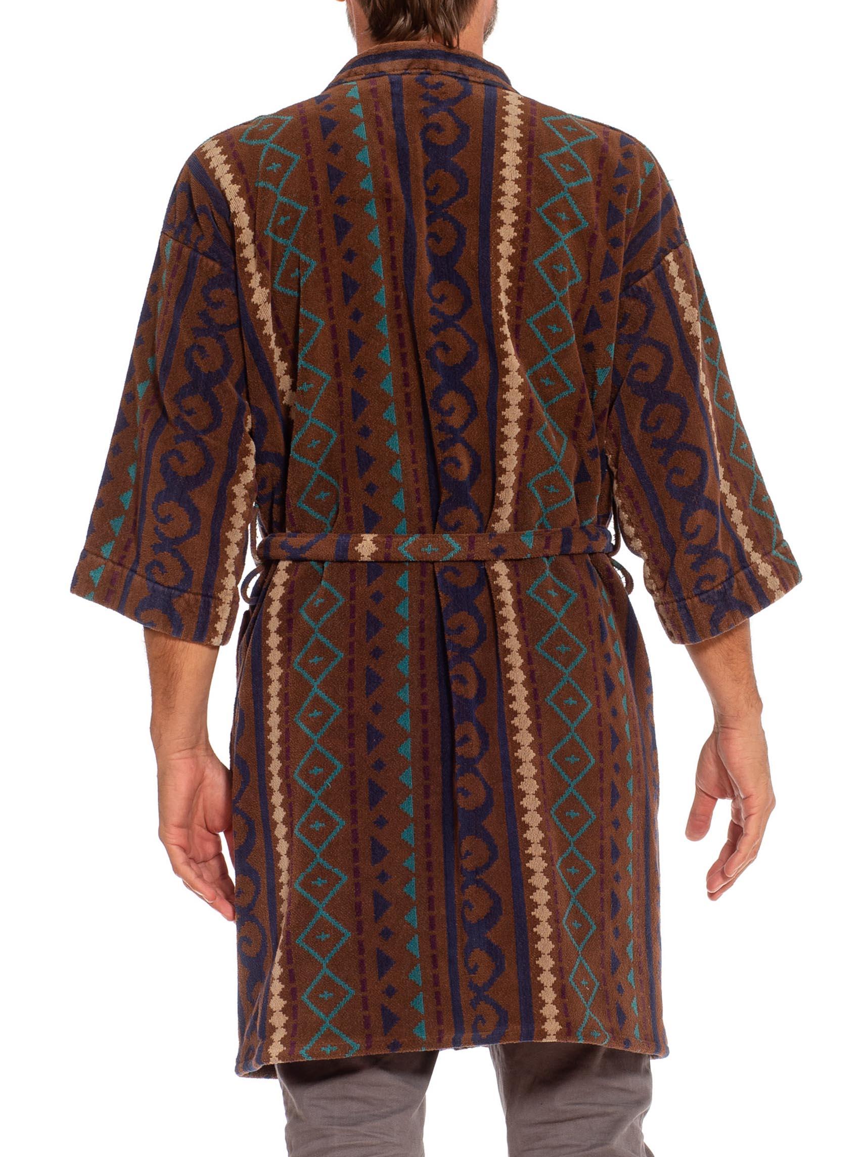 Men's 1980S Brown & Navy Cotton Robe