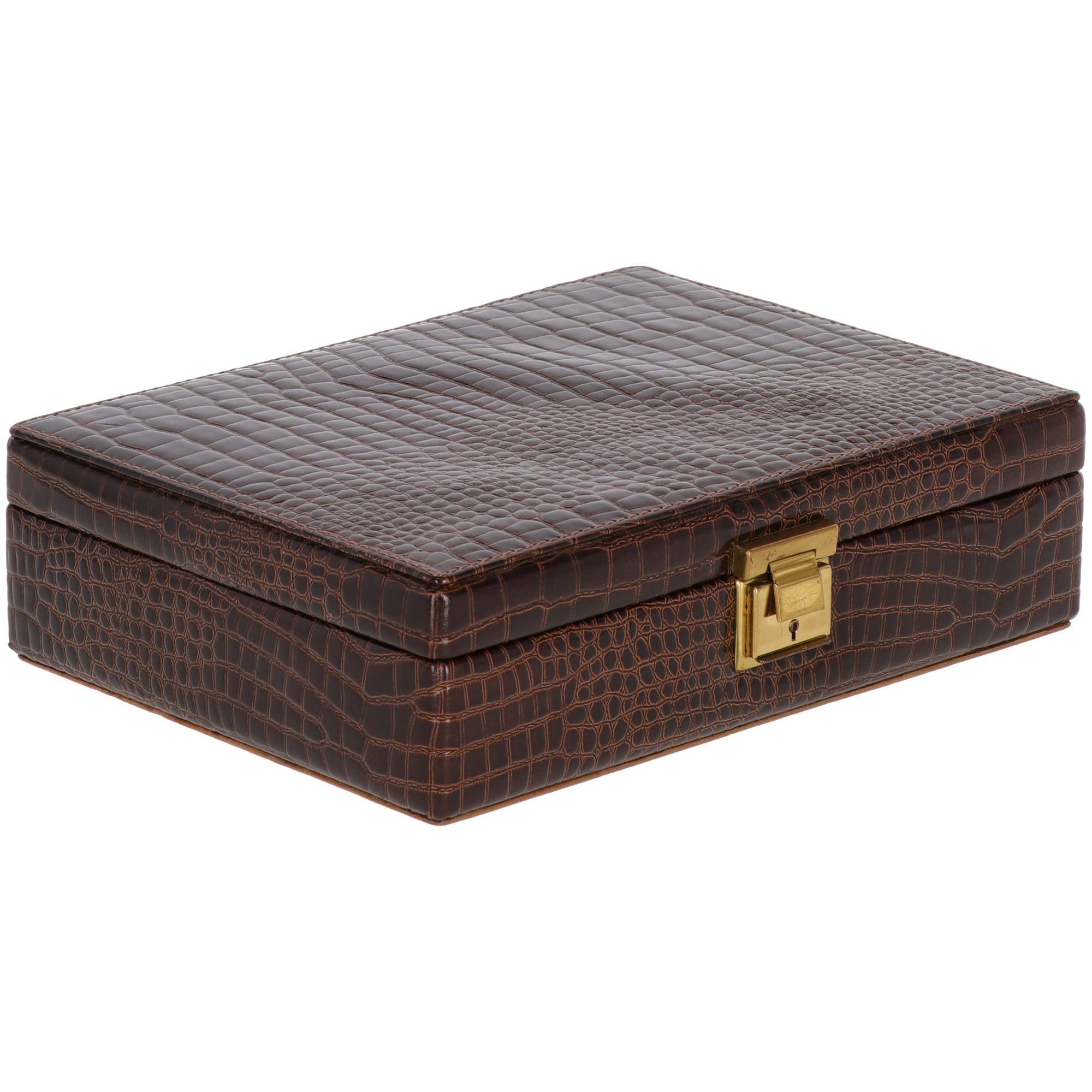 Elegant and classy crocodile skin effect printed brown real leather squared jewel box, gold-tone metal clasp lock and small key with leather tassel . 
It shows a inner studded strap in printed leather and a khaki velvet flap, decorated with a small