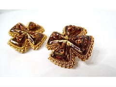 1980s Brown Resin Cross Motif Rhinestone Embellished Earrings
