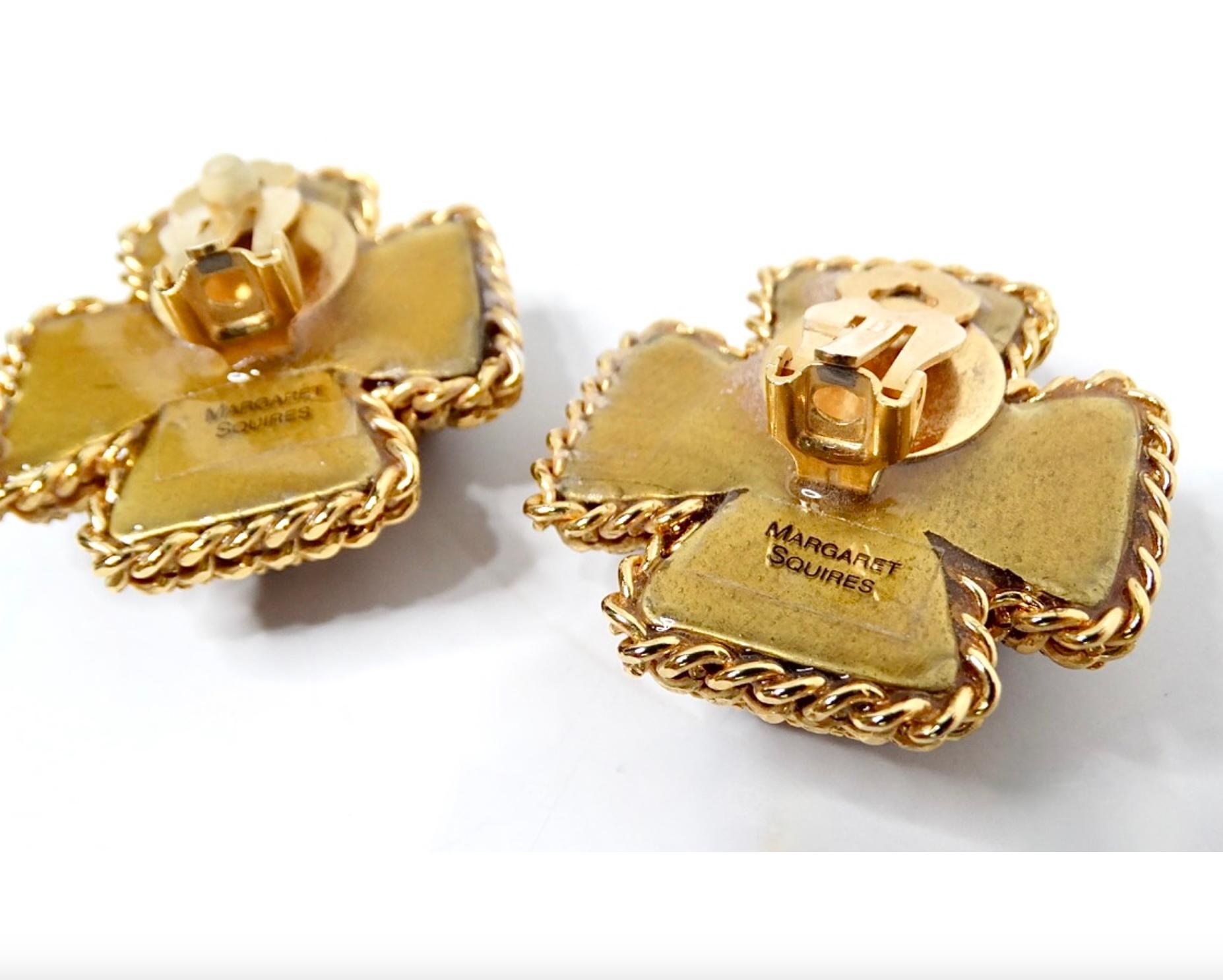 Women's 1980s Brown Resin Cross Motif Rhinestone Embellished Earrings For Sale