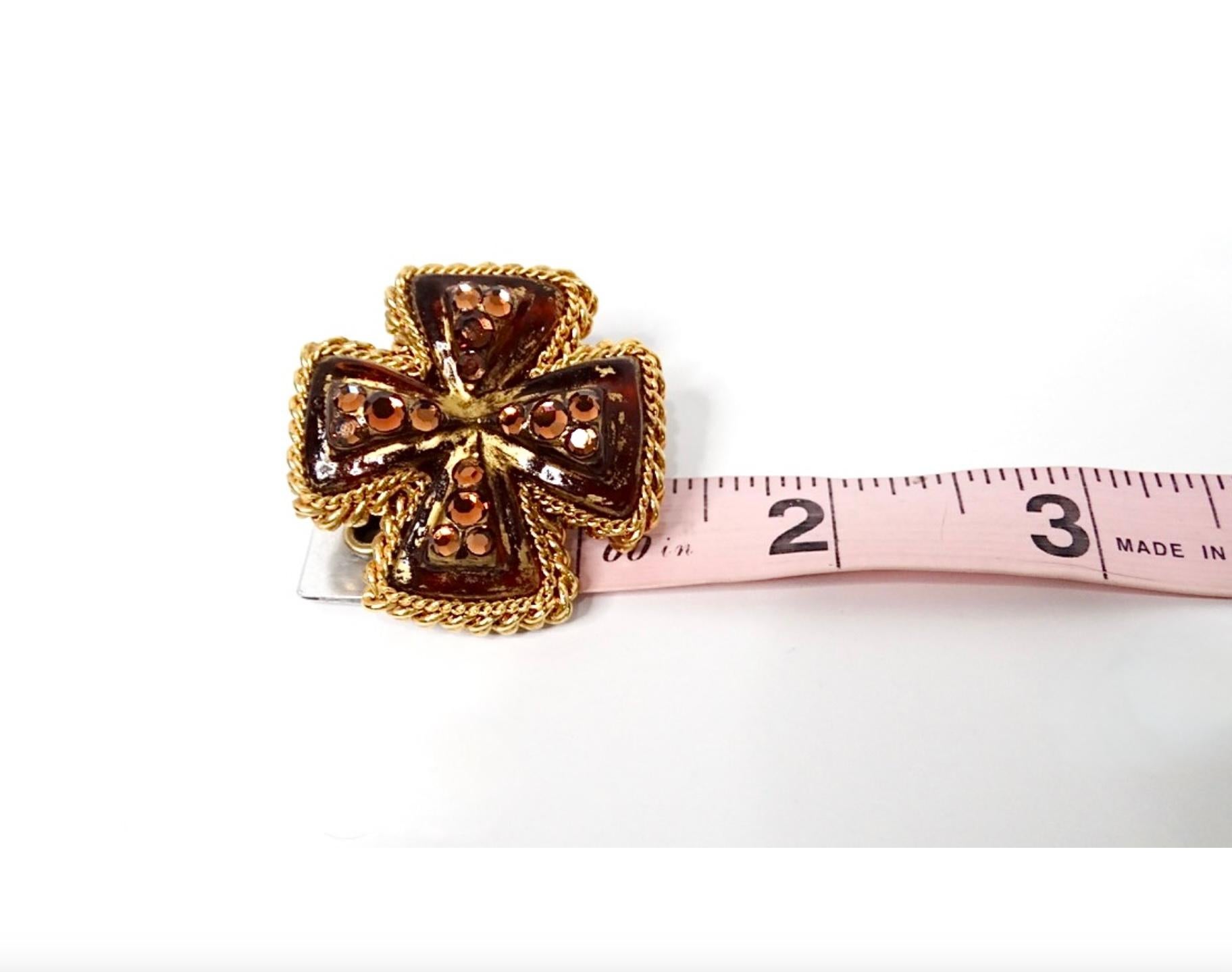 1980s Brown Resin Cross Motif Rhinestone Embellished Earrings For Sale 1