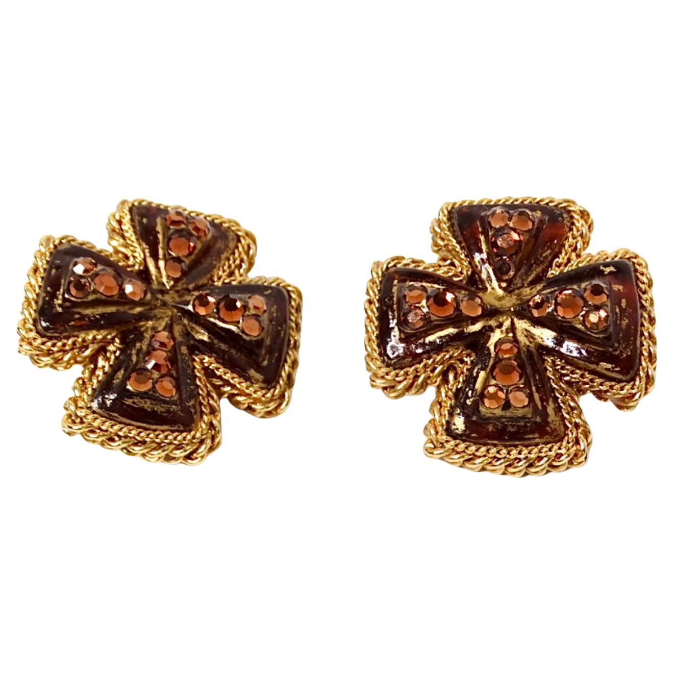 1980s Brown Resin Cross Motif Rhinestone Embellished Earrings For Sale