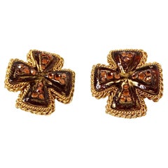 Vintage 1980s Brown Resin Cross Motif Rhinestone Embellished Earrings