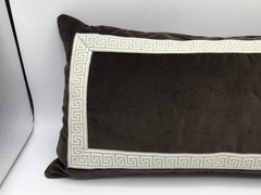 1980s Brown Velvet Lumbar Pillow with Gray and White Greek Key Banding