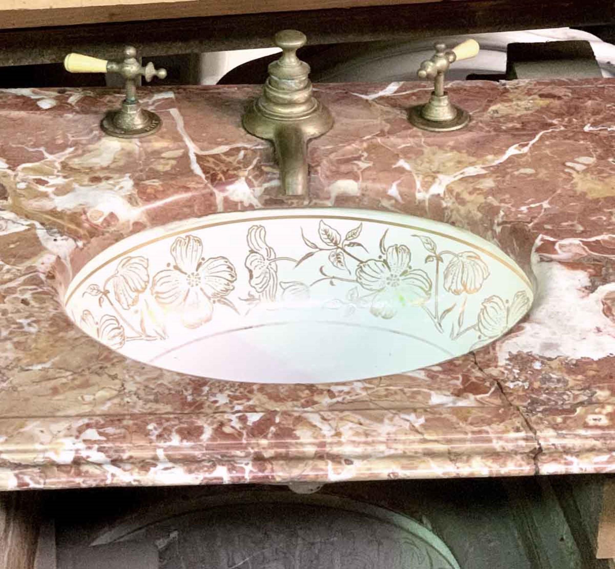 American 1980s Brownish Marble Vanity Top with Gold Floral Designed Sink and Hardware