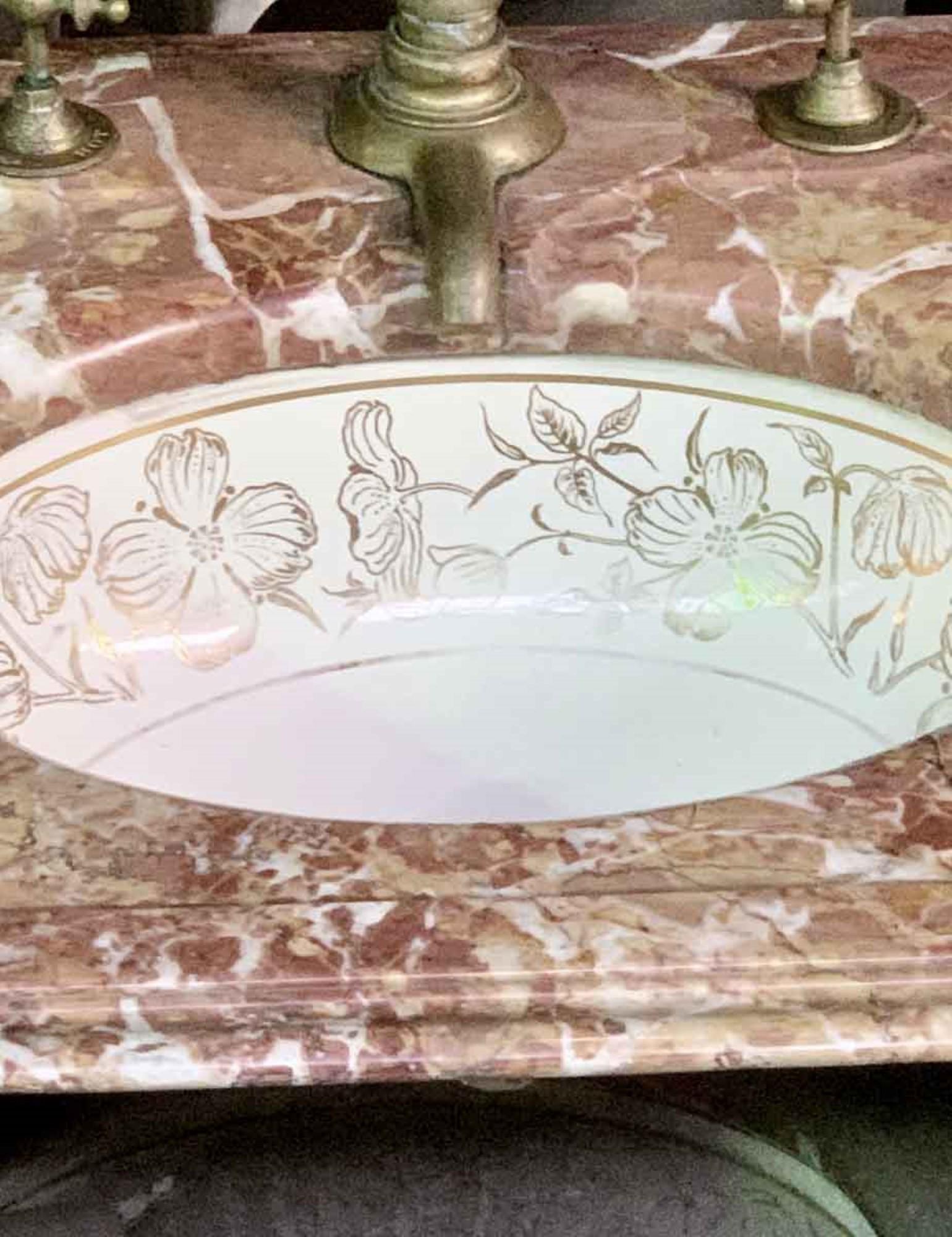 1980s Brownish Marble Vanity Top with Gold Floral Designed Sink and Hardware In Fair Condition In New York, NY