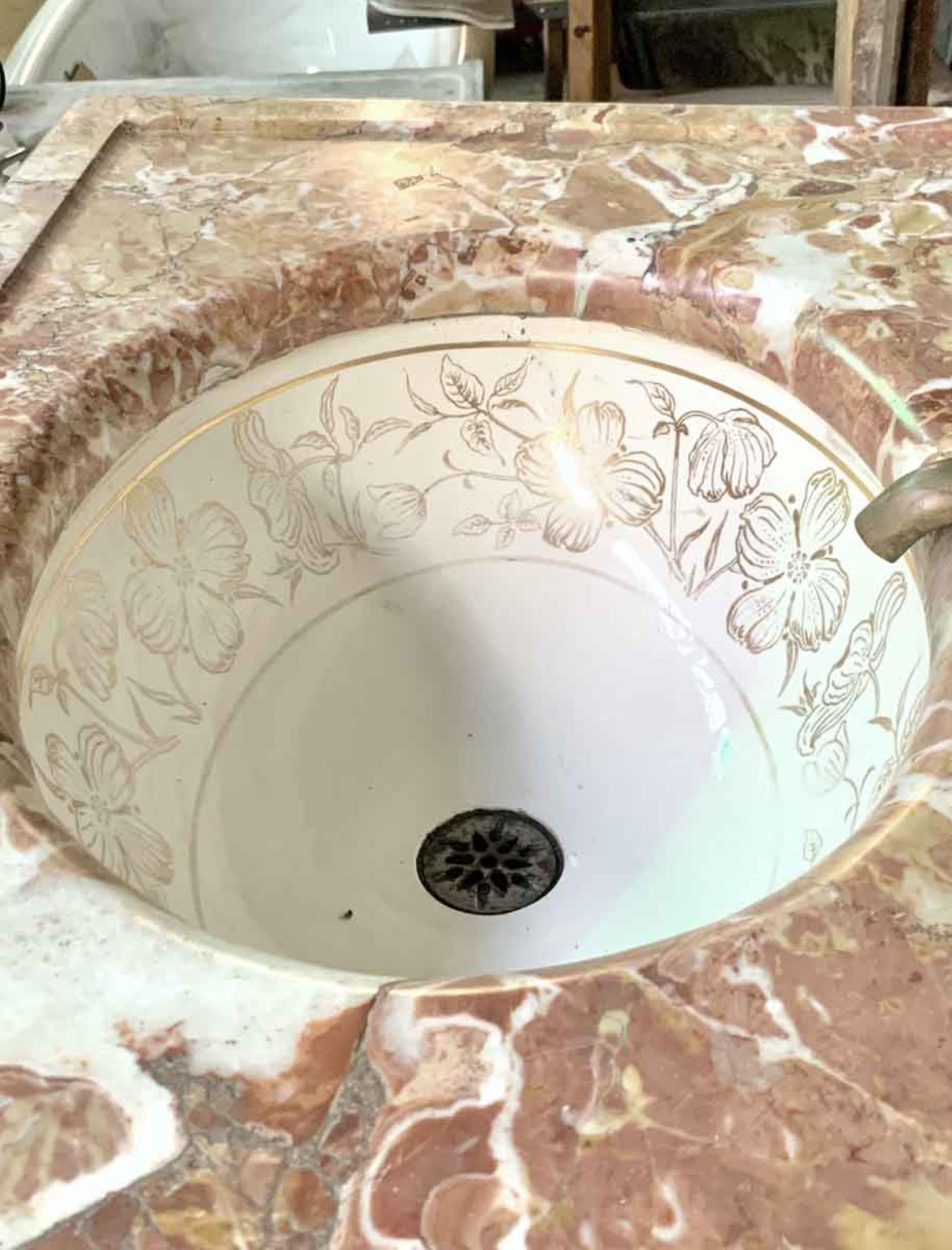 Ceramic 1980s Brownish Marble Vanity Top with Gold Floral Designed Sink and Hardware