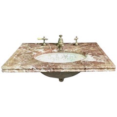 Retro 1980s Brownish Marble Vanity Top with Gold Floral Designed Sink and Hardware