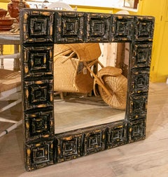 1980s Brutalist Black and Gold Mirror with Geometric Carved Frame