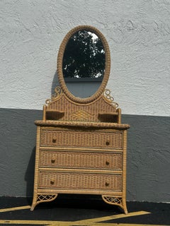1980s Henry Link Woven Wicker Rattan Oval Mirror Vanity Chest Dresser