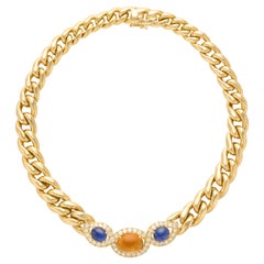 1980's 18k Yellow Gold Citrine & Blue Sapphire Curb Chain Necklace