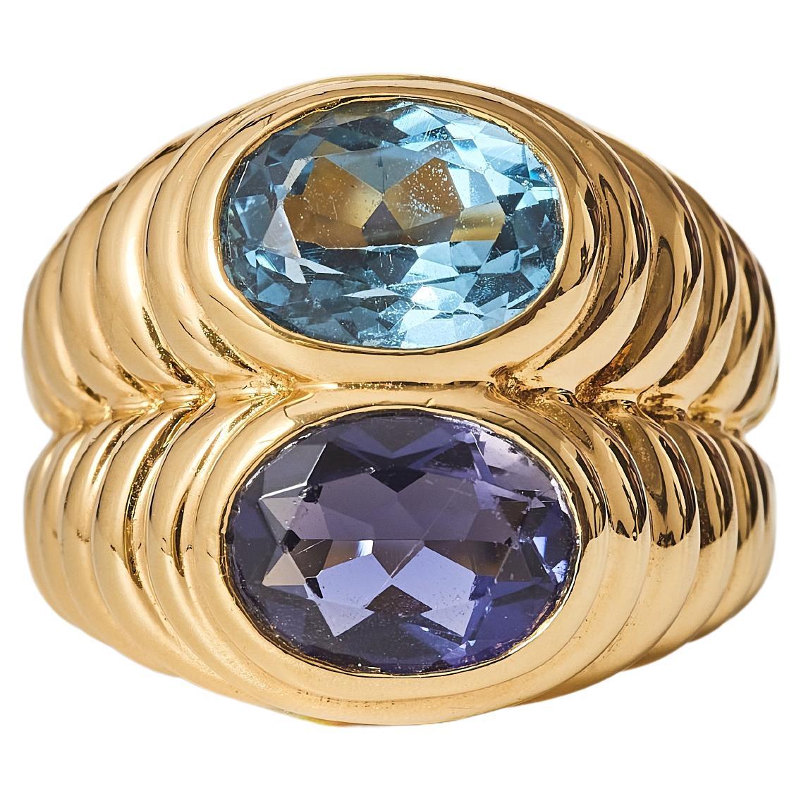 1980er Jahre Bulgari 18 Karat Gold Blautopas und Iolith Doppio Ring