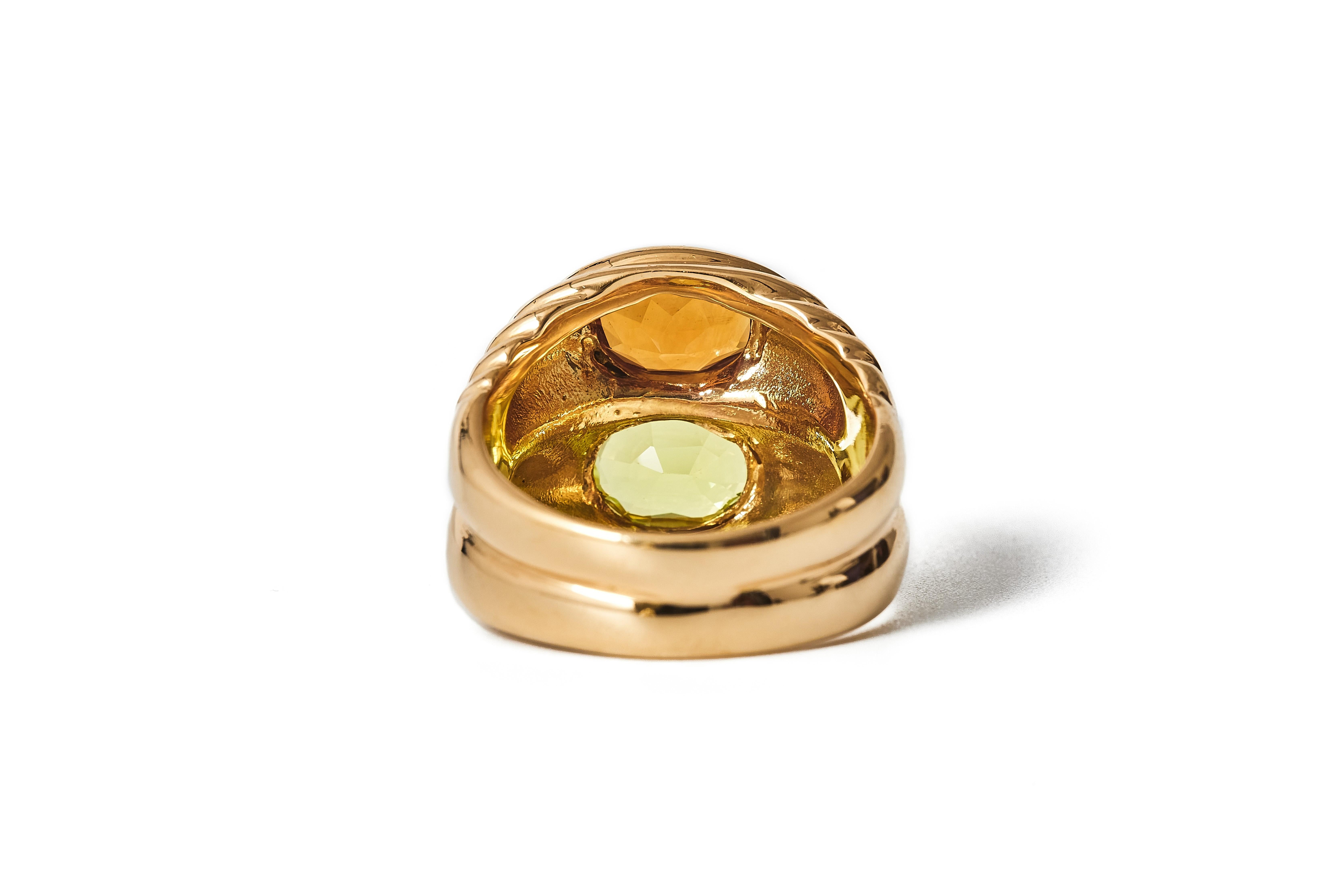da uomo o donna Anello doppio Bulgari anni '80 in oro 18 carati con peridoto e citrino in vendita