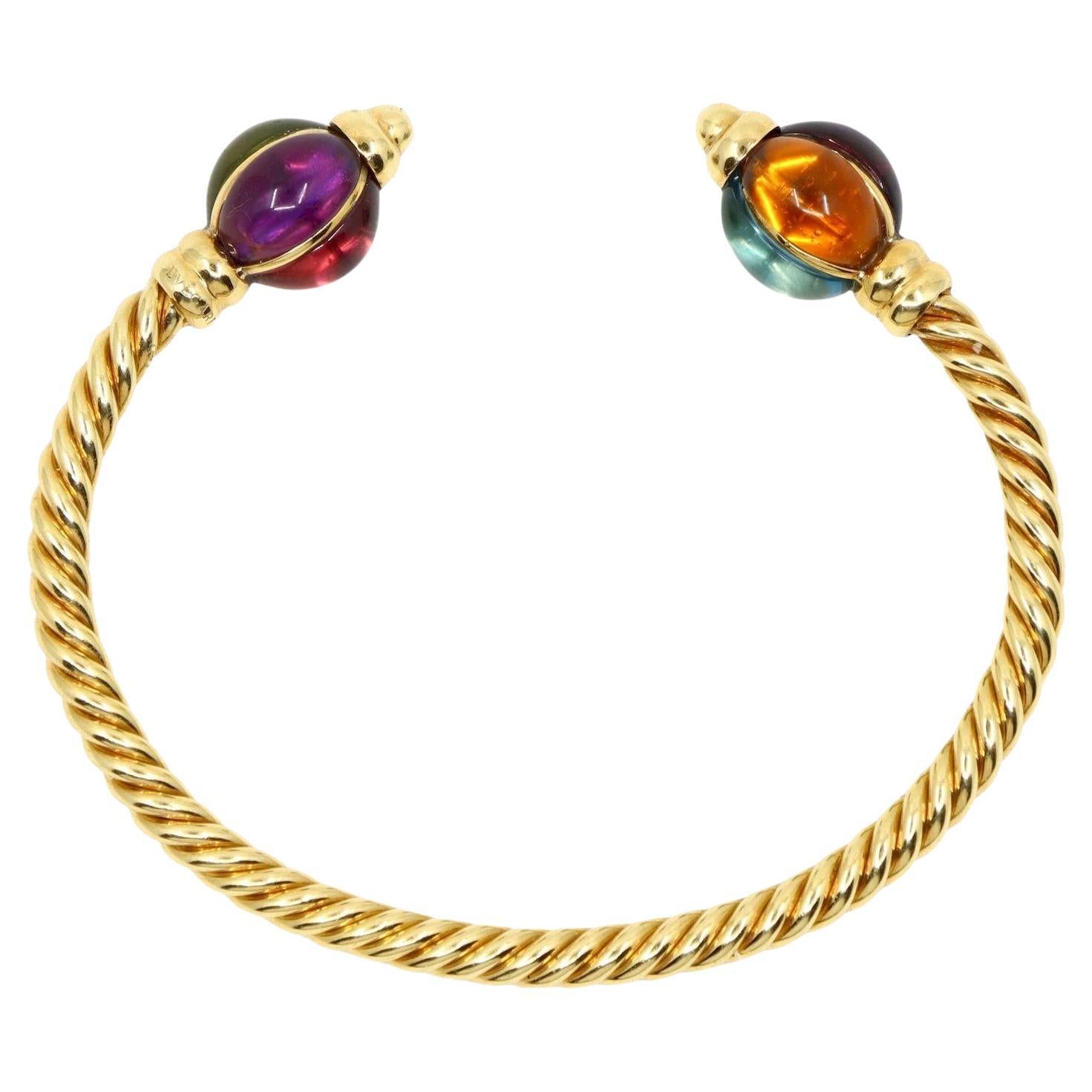 Bracelet manchette à corde torsadée en or 18K et pierres précieuses Bulgari des années 1980