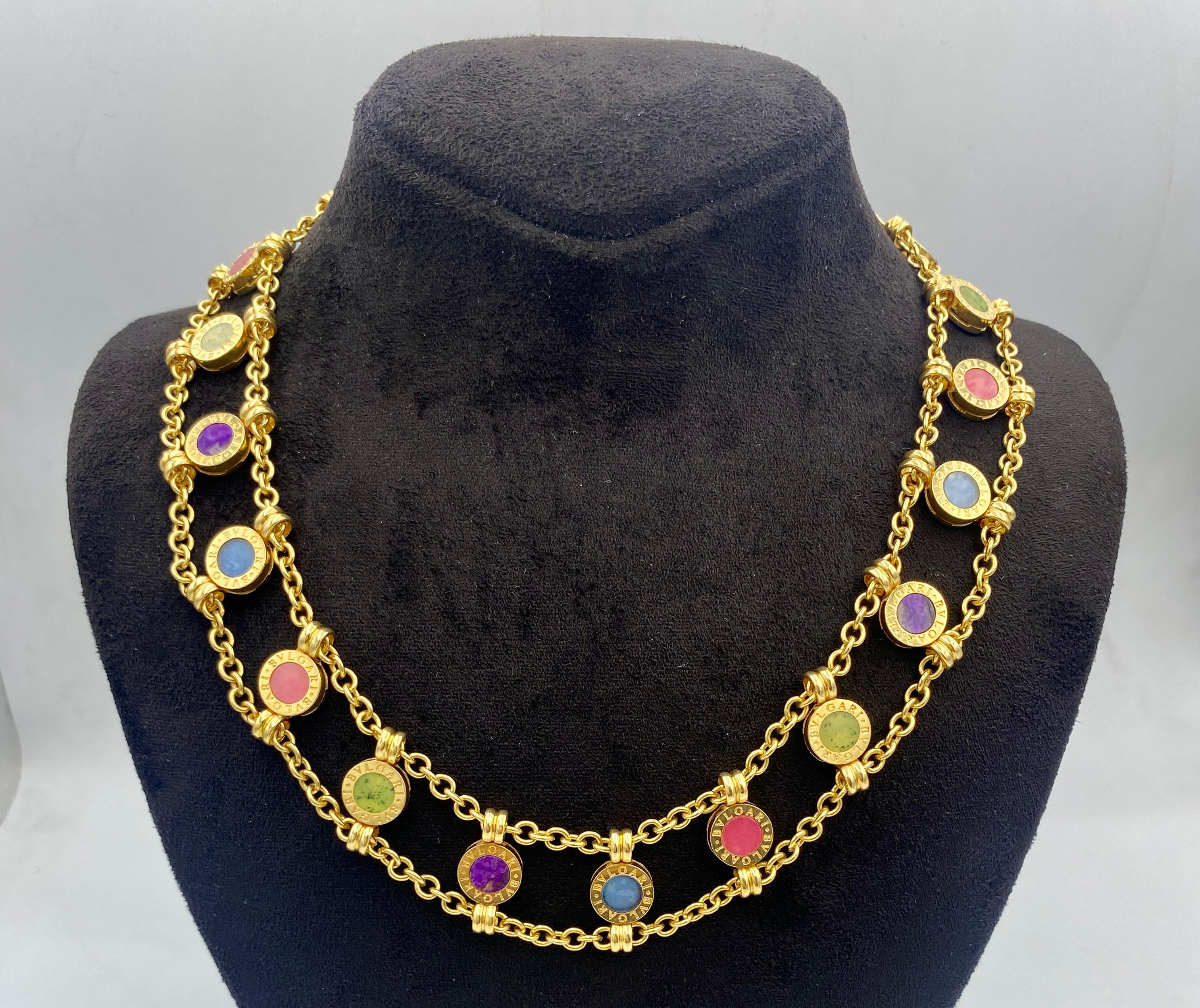 Contemporary 1980s Bulgari 18k gold multistone chain necklace, bracelet & earring set For Sale