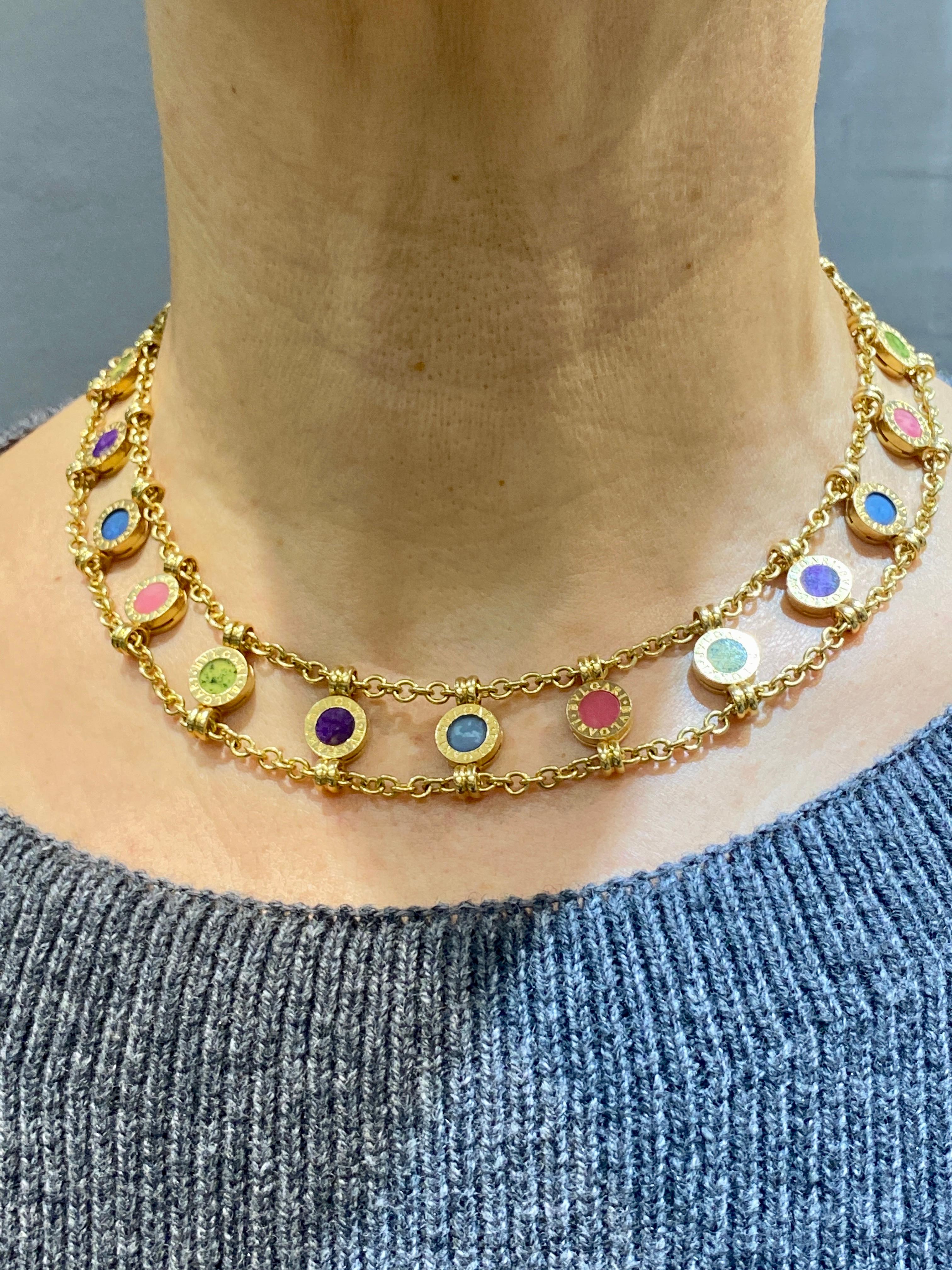 1980s Bulgari 18k gold multistone chain necklace, bracelet & earring set In Good Condition For Sale In London, GB