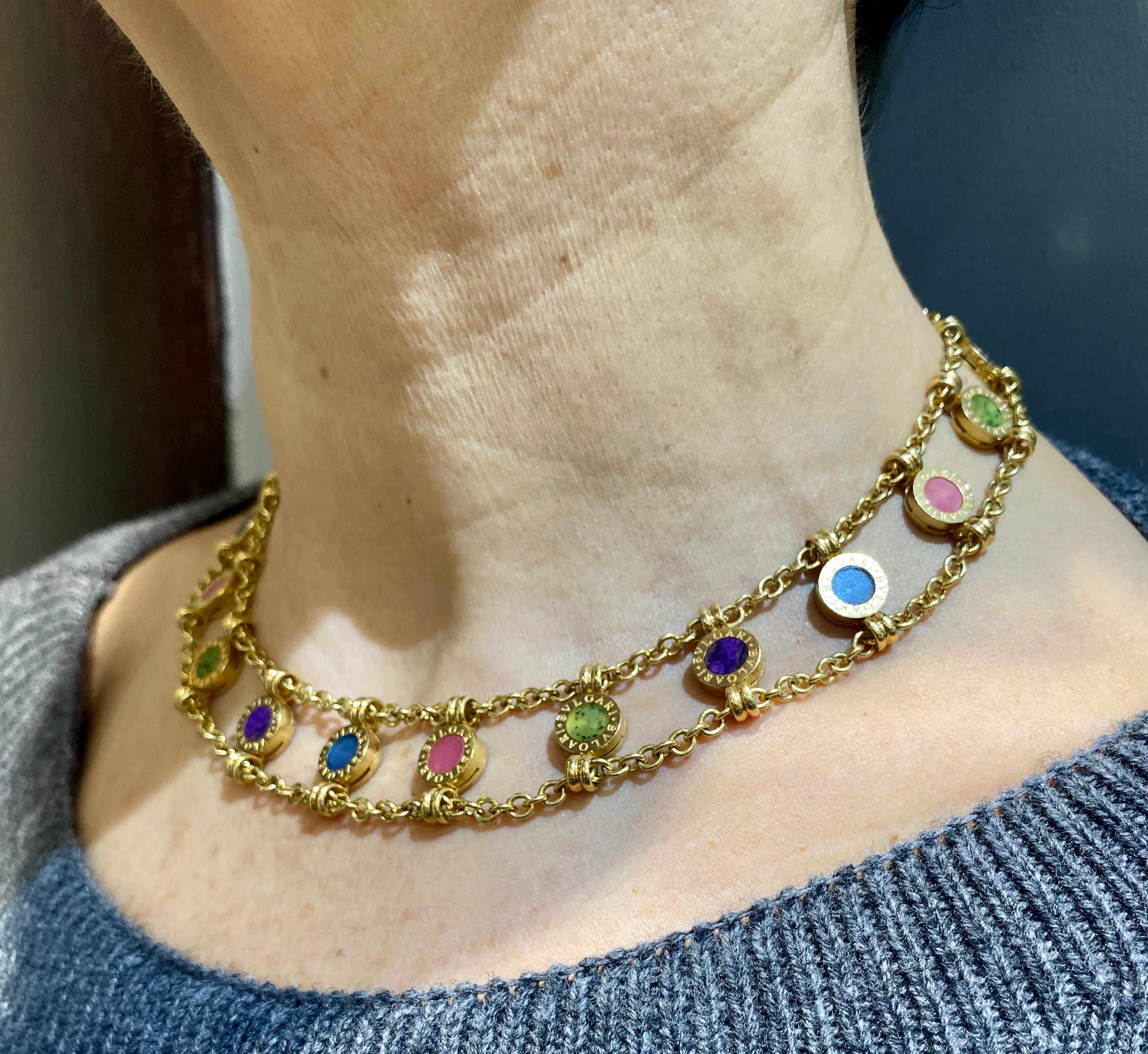 Women's 1980s Bulgari 18k gold multistone chain necklace, bracelet & earring set For Sale