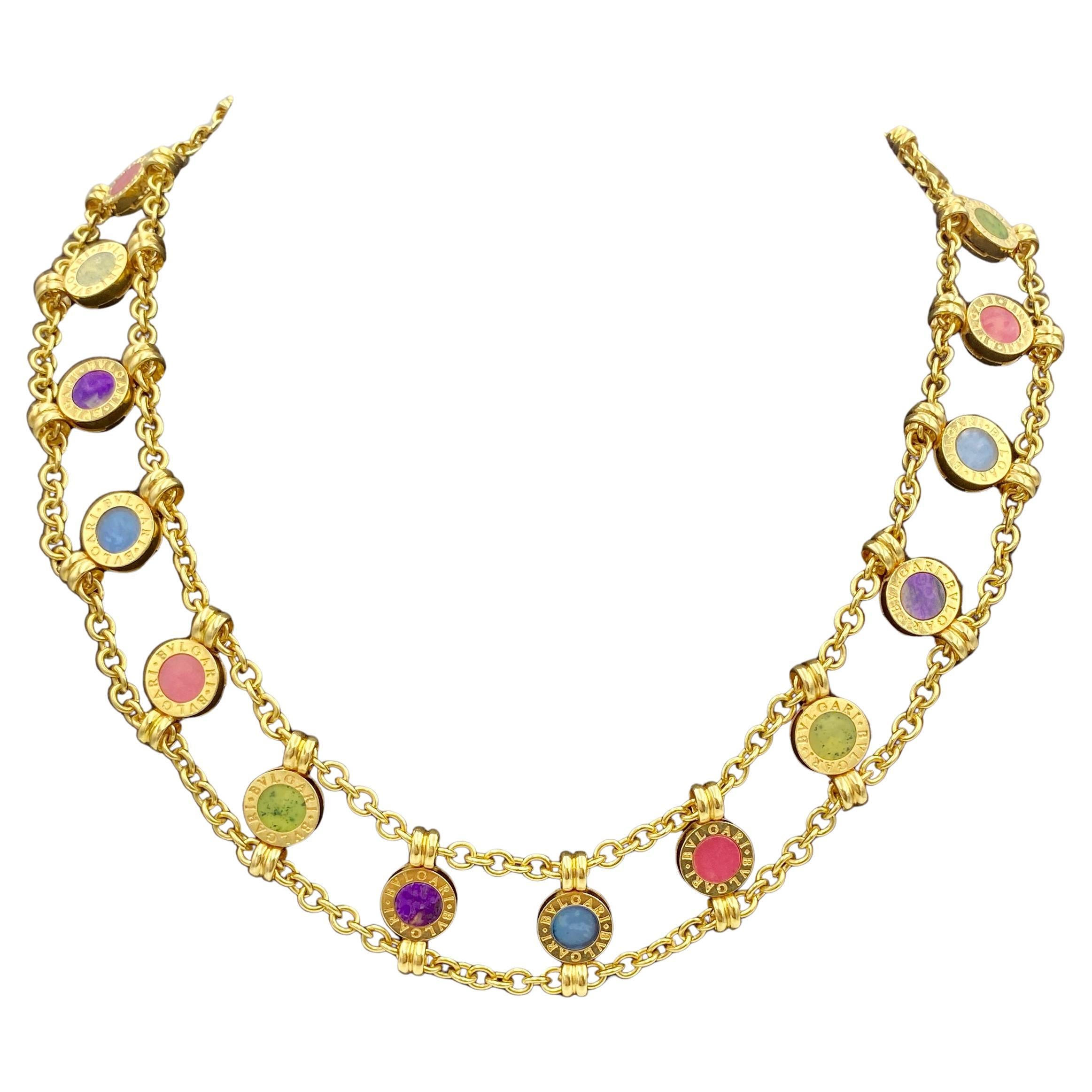 1980s Bulgari 18k gold multistone chain necklace, bracelet & earring set