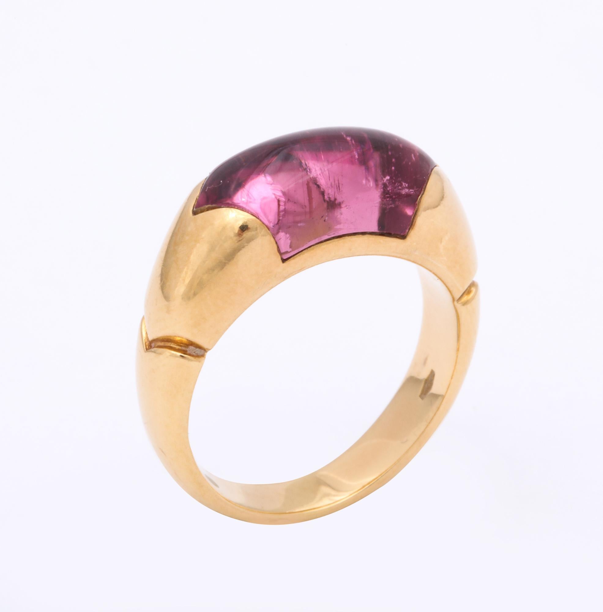 1980s Bulgari Custom Cut Pink Tourmaline and High Polish Gold Band Style Ring In Good Condition In New York, NY