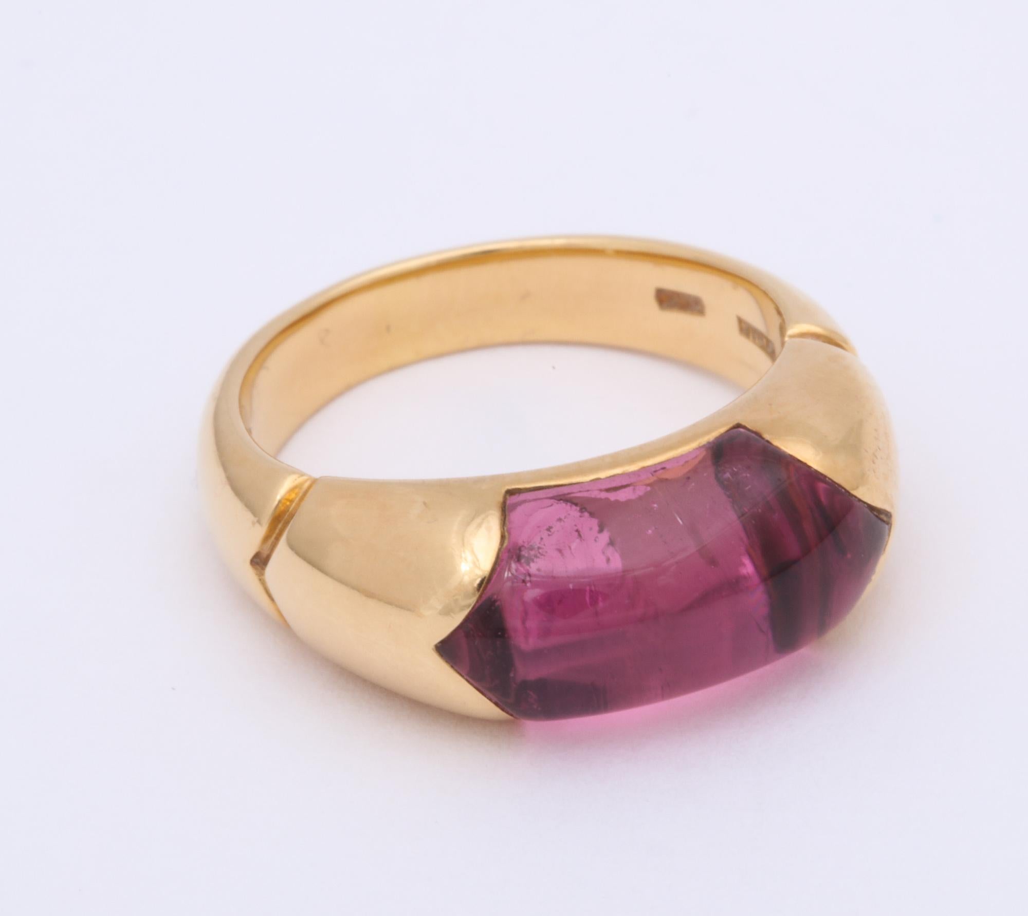 Women's 1980s Bulgari Custom Cut Pink Tourmaline and High Polish Gold Band Style Ring