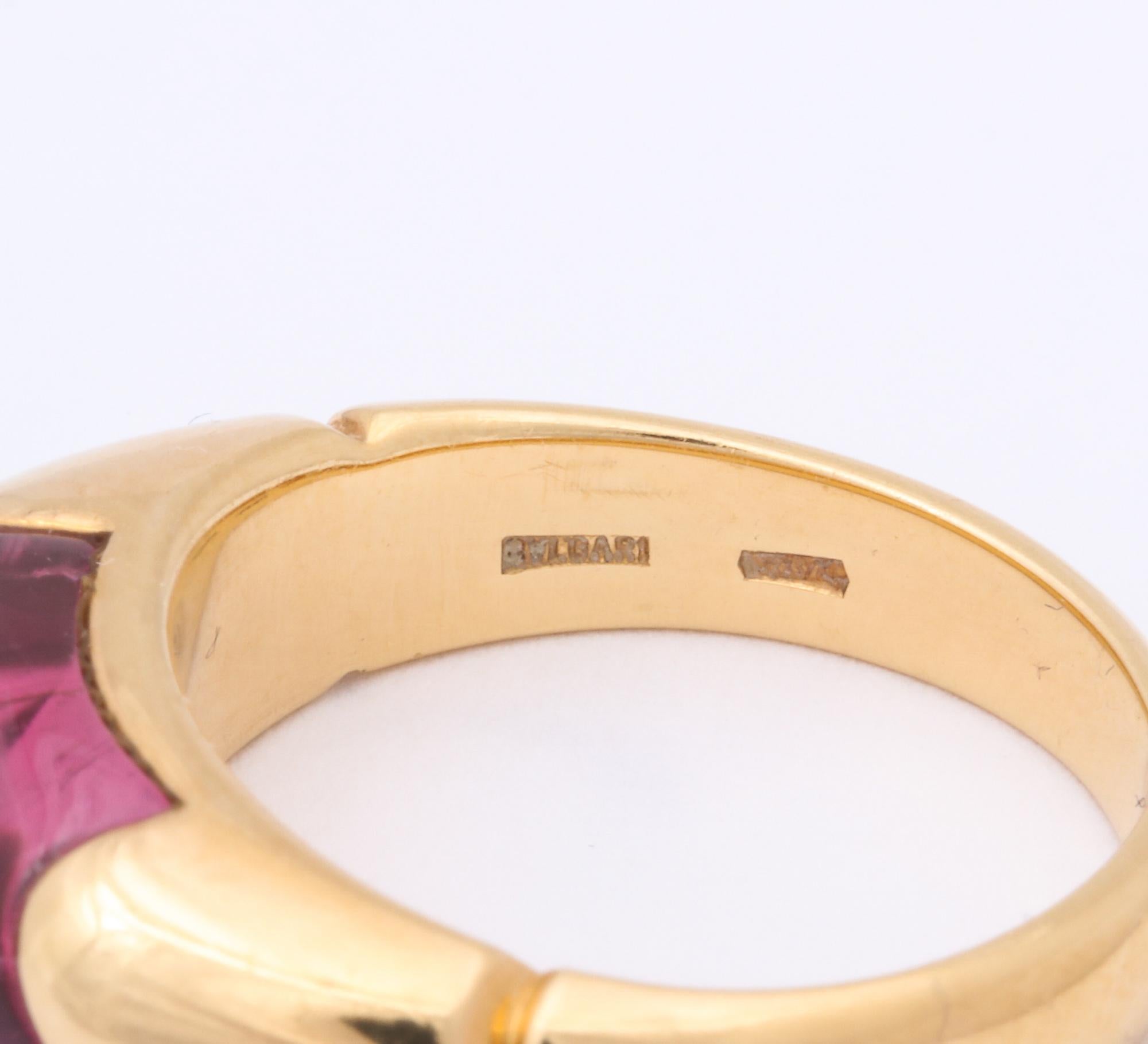 1980s Bulgari Custom Cut Pink Tourmaline and High Polish Gold Band Style Ring 5