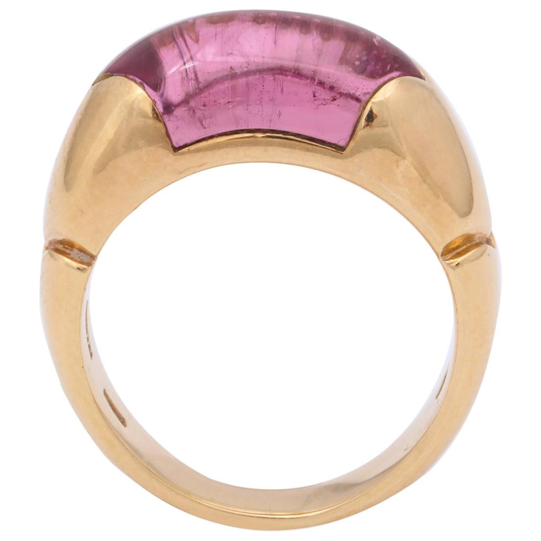 1980s Bulgari Custom Cut Pink Tourmaline and High Polish Gold Band Style Ring