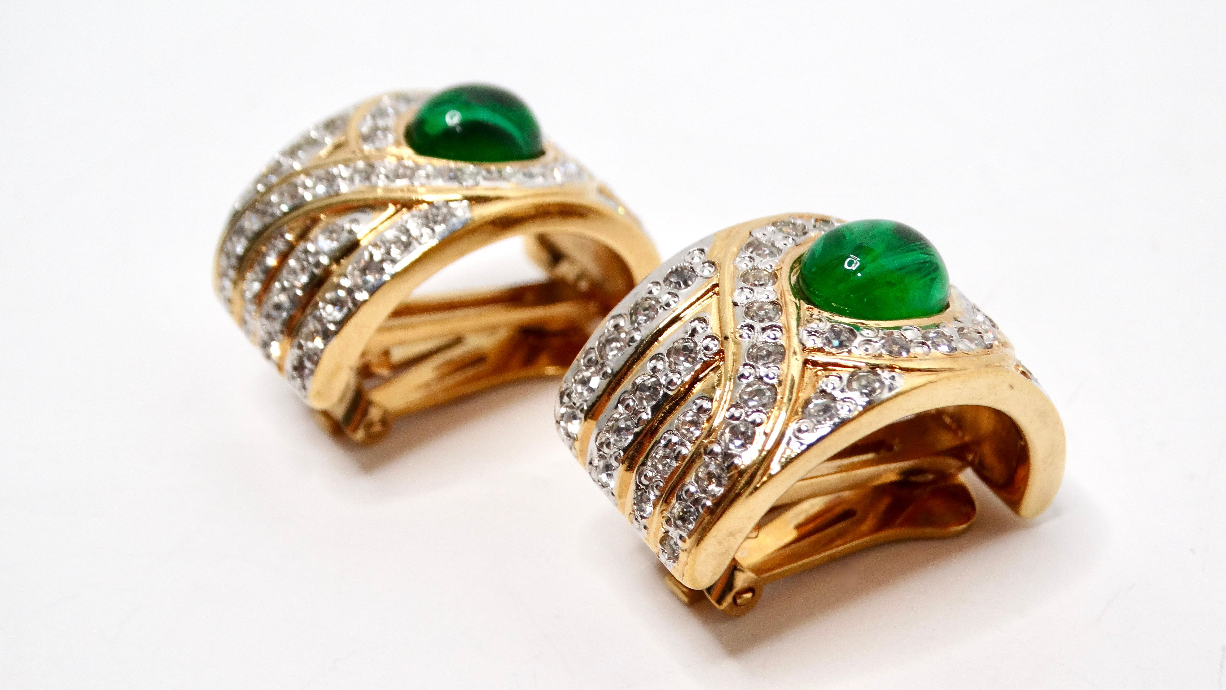 1980s Bulgari Inspired 18k Gold Plated Green & Rhinestone Statement Earrings In Good Condition For Sale In Scottsdale, AZ