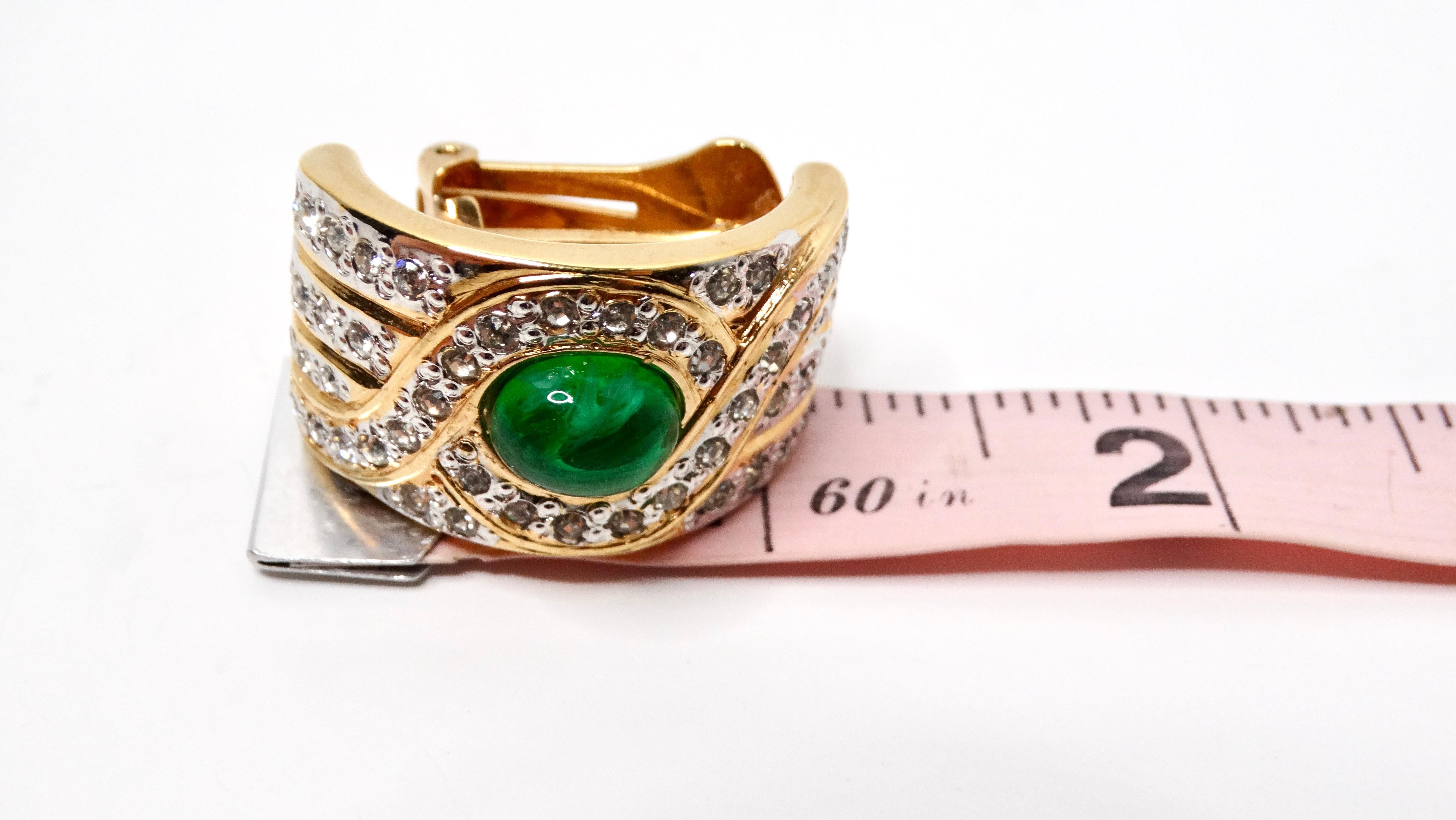 Women's 1980s Bulgari Inspired 18k Gold Plated Green & Rhinestone Statement Earrings For Sale