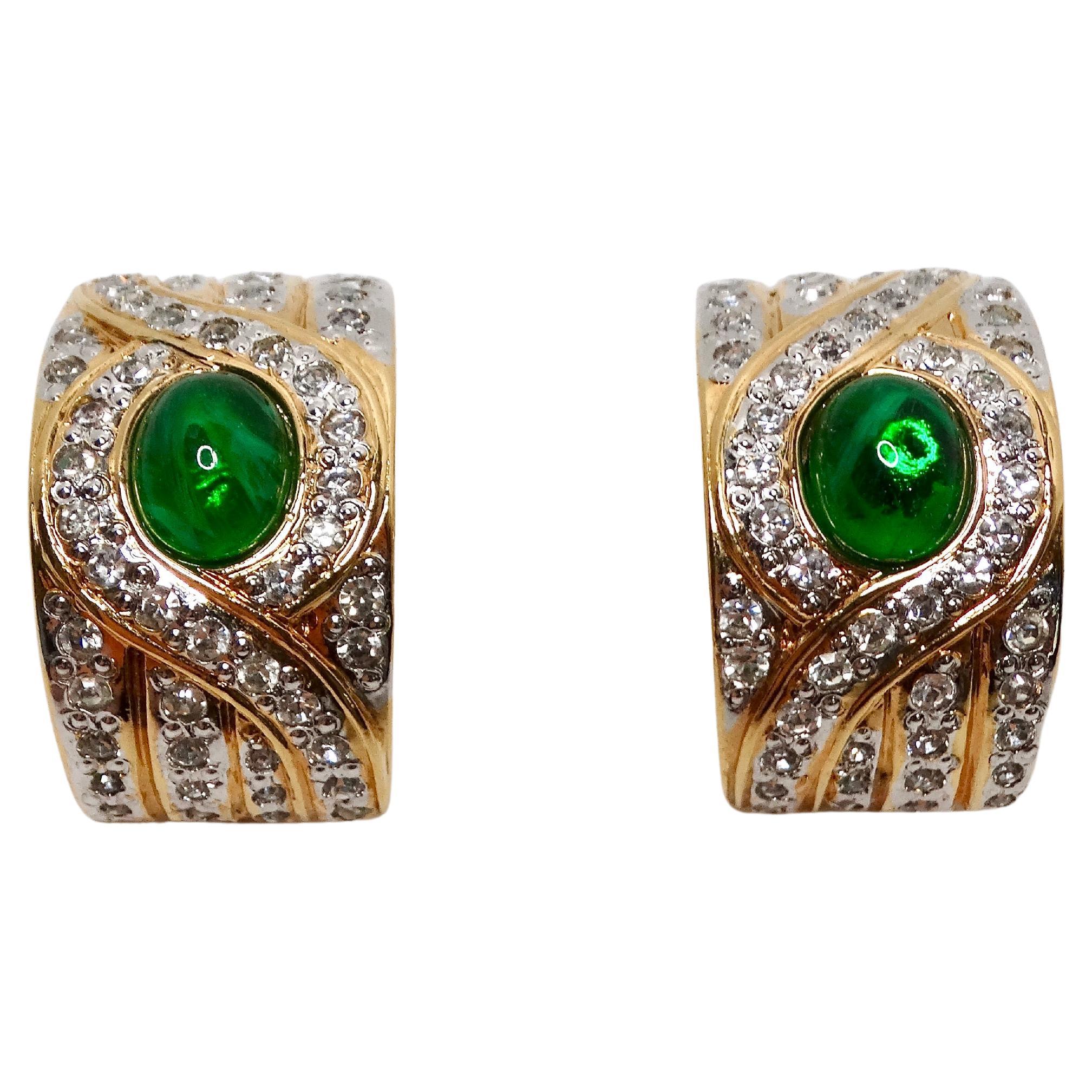 1980s Bulgari Inspired 18k Gold Plated Green & Rhinestone Statement Earrings For Sale