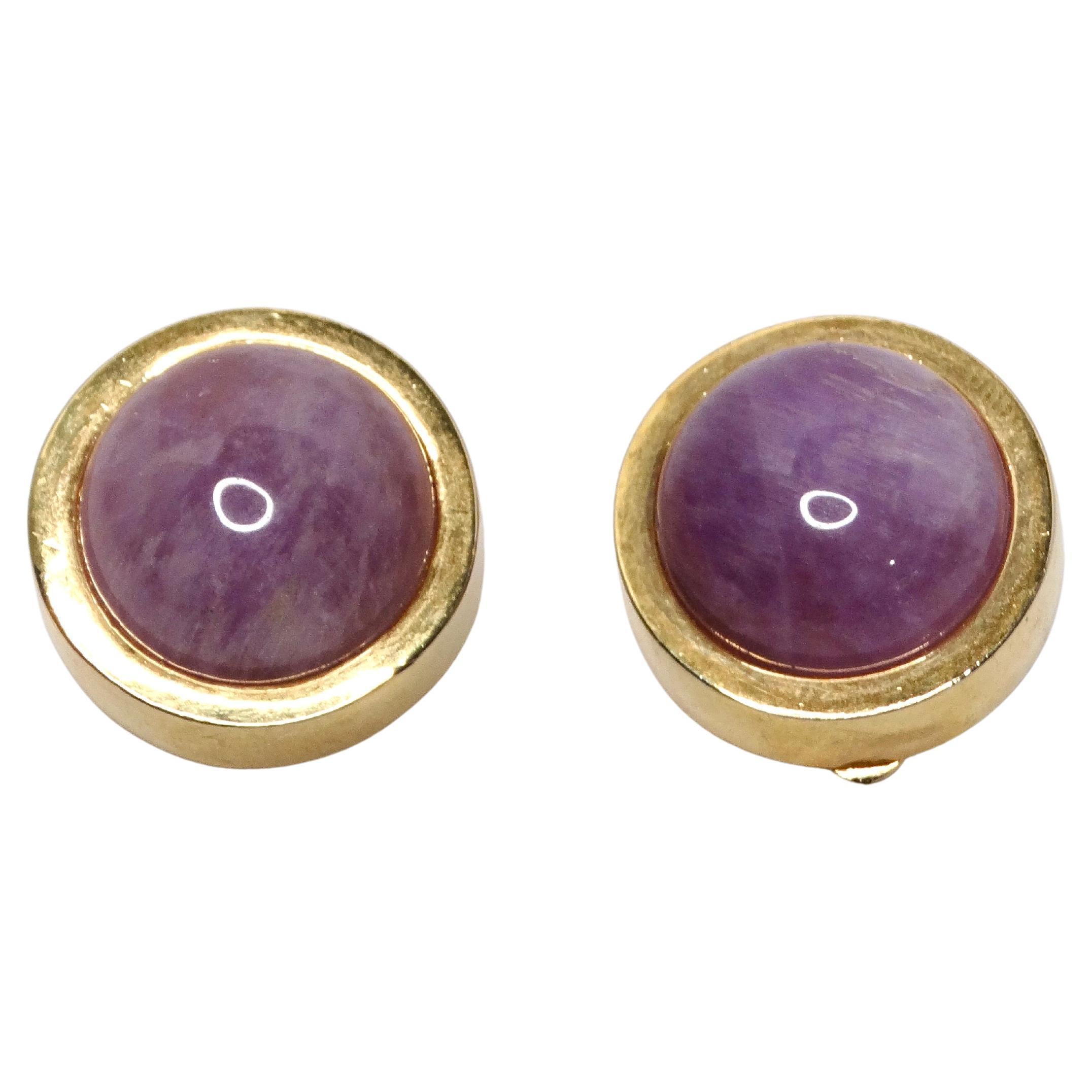 1980s Bulgari Inspired Round Purple Stone 18k Gold Plated Earrings For Sale