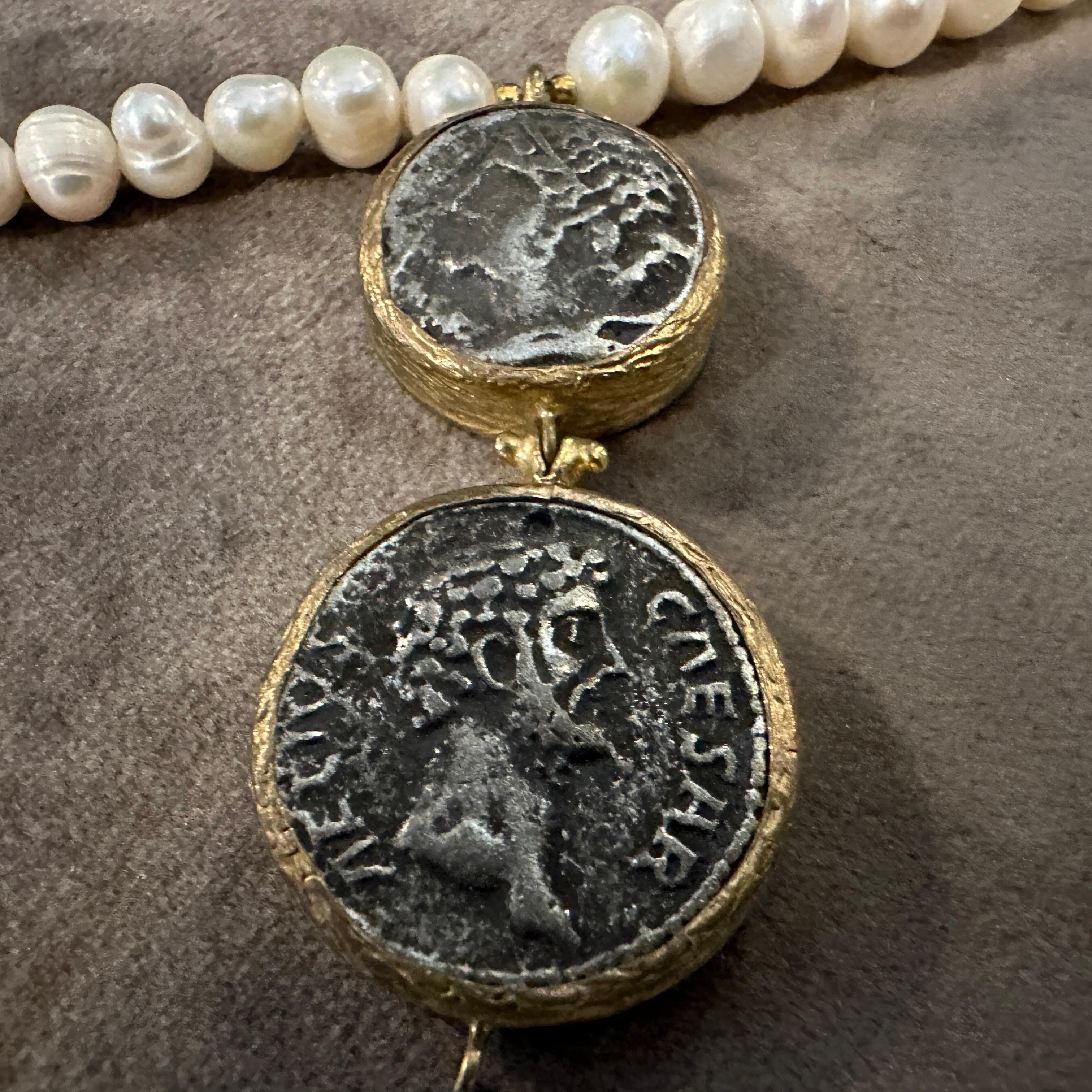 Neoclassical 1980s Bulgari Style River Pearls and Brass Roman Coins Pendant Necklace For Sale