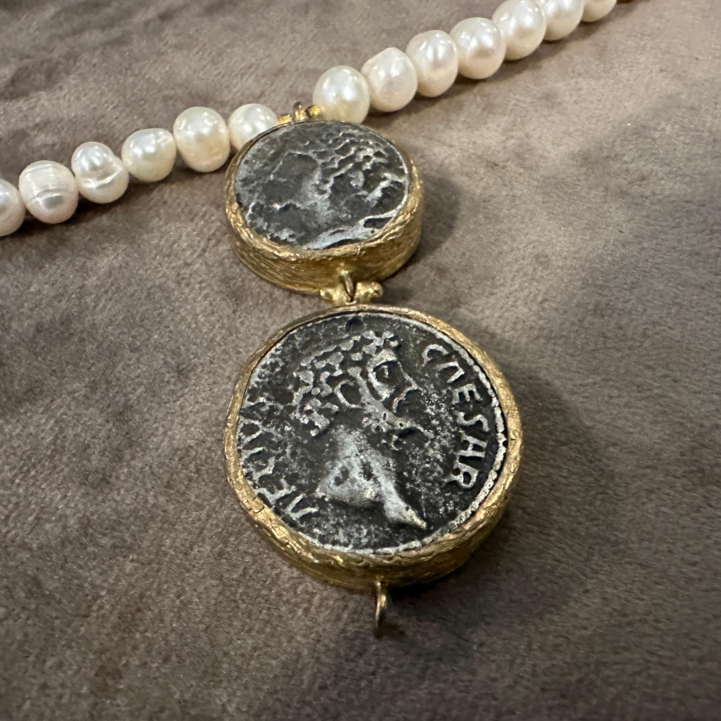 1980s Bulgari Style River Pearls and Brass Roman Coins Pendant Necklace For Sale 1