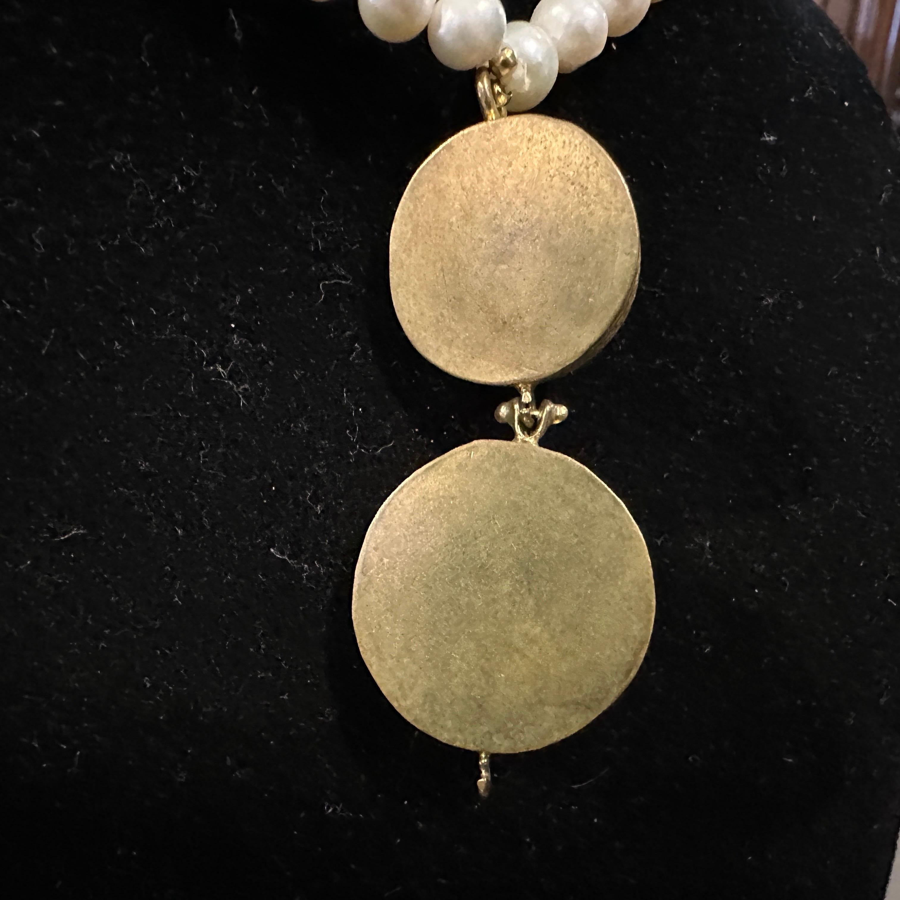 1980s Bulgari Style River Pearls and Brass Roman Coins Pendant Necklace For Sale 4