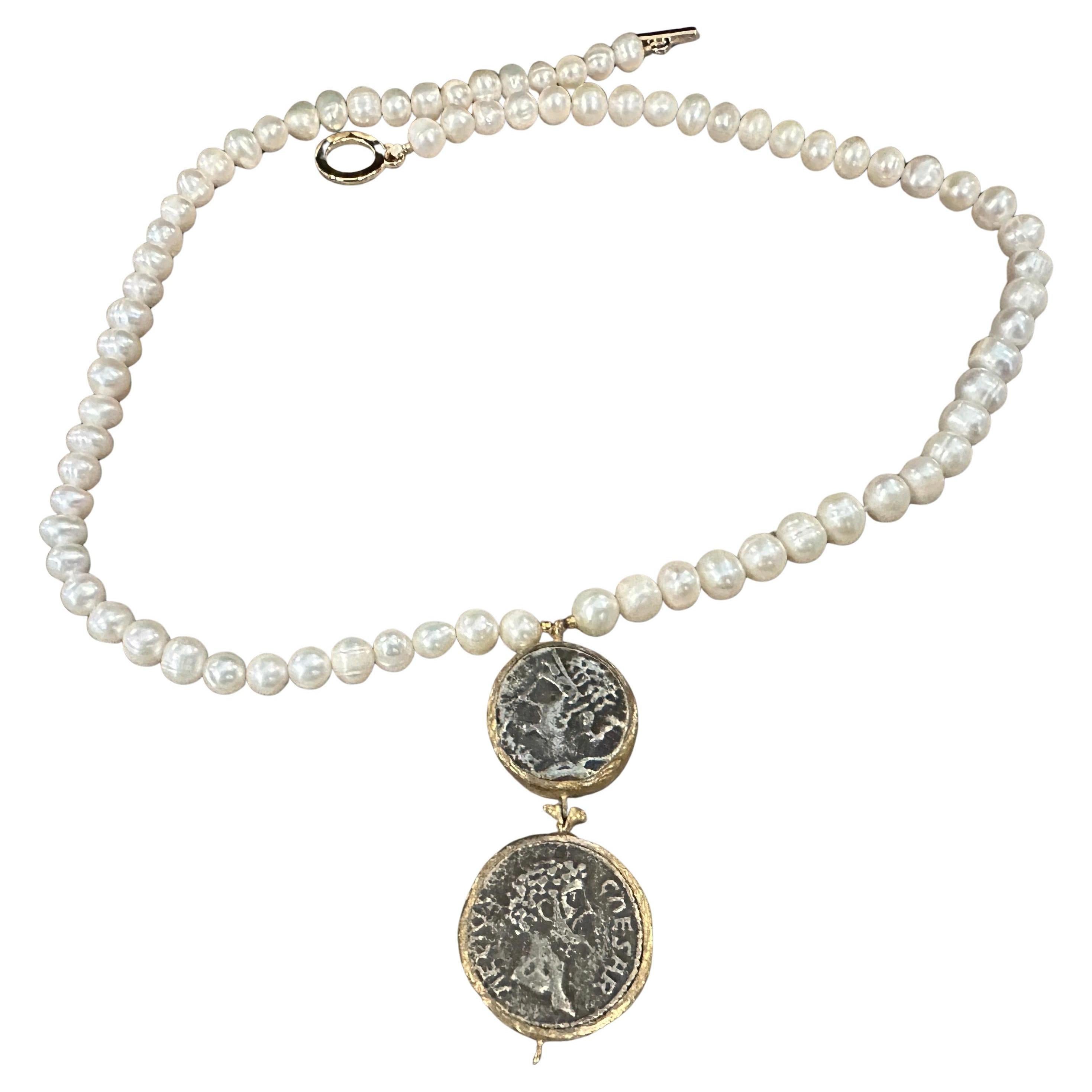 1980s Bulgari Style River Pearls and Brass Roman Coins Pendant Necklace