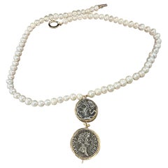 Vintage 1980s Bulgari Style River Pearls and Brass Roman Coins Pendant Necklace