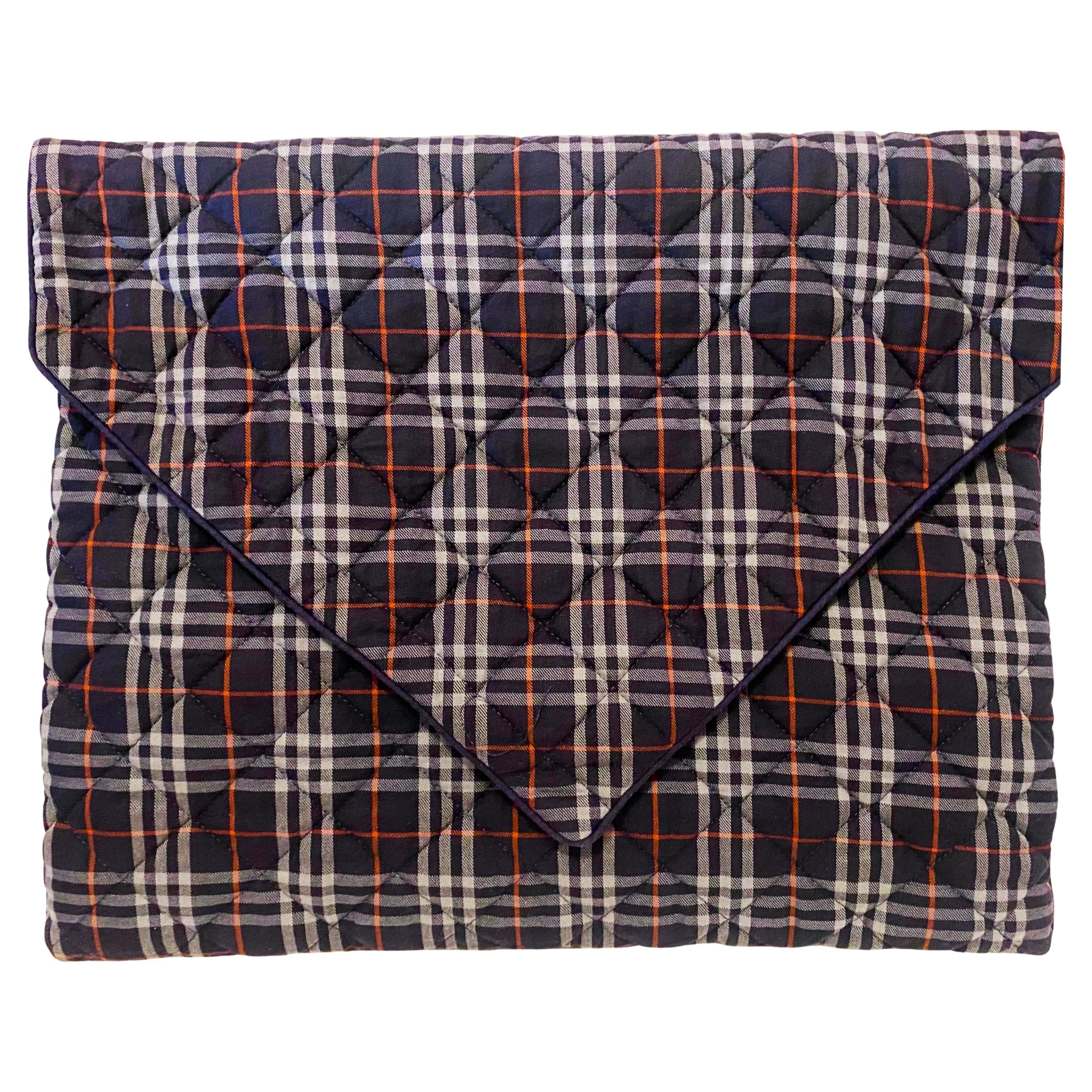 1980s  Burberry Blue Tartan Laptop Envelope Quilted Bag For Sale