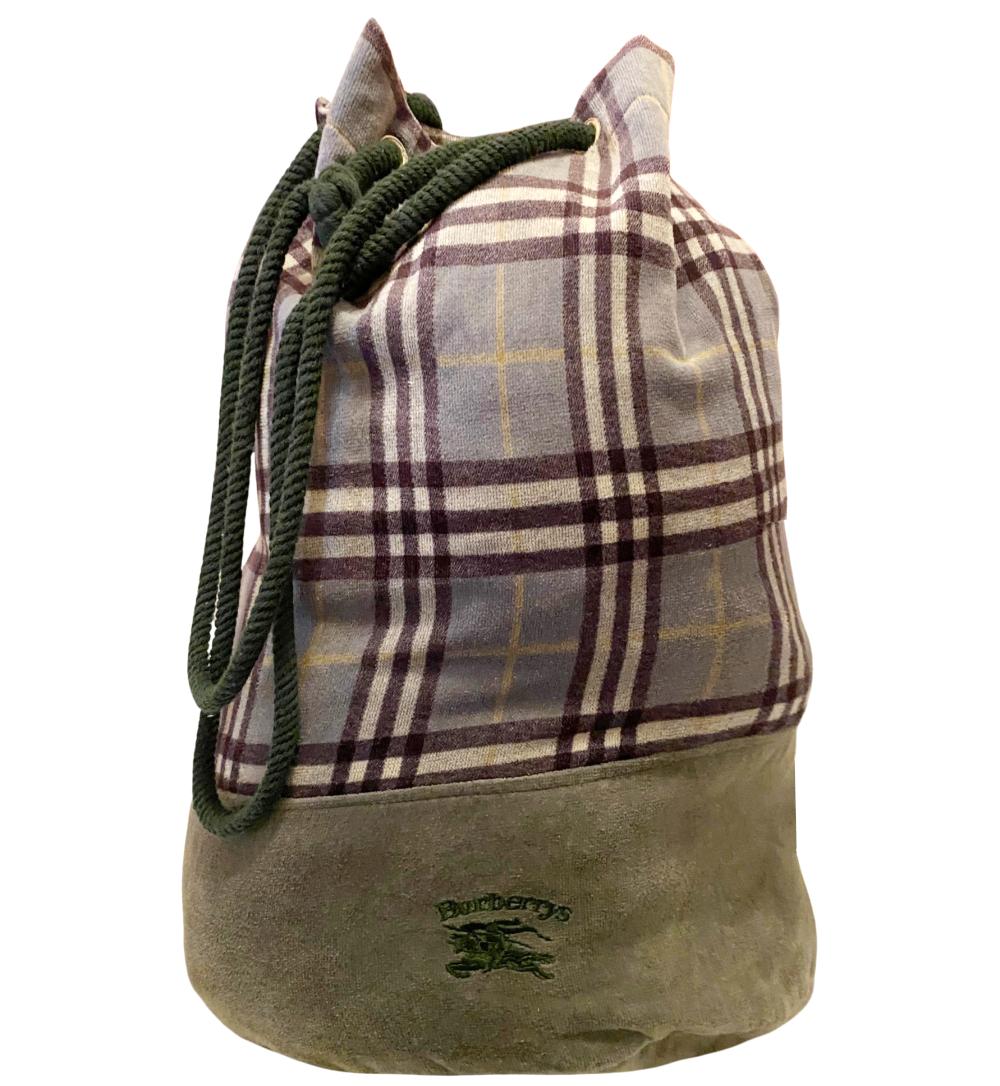 1980s Burberry Green Grey Check Toweling Beach Gym Pool Duffle Bag For Sale