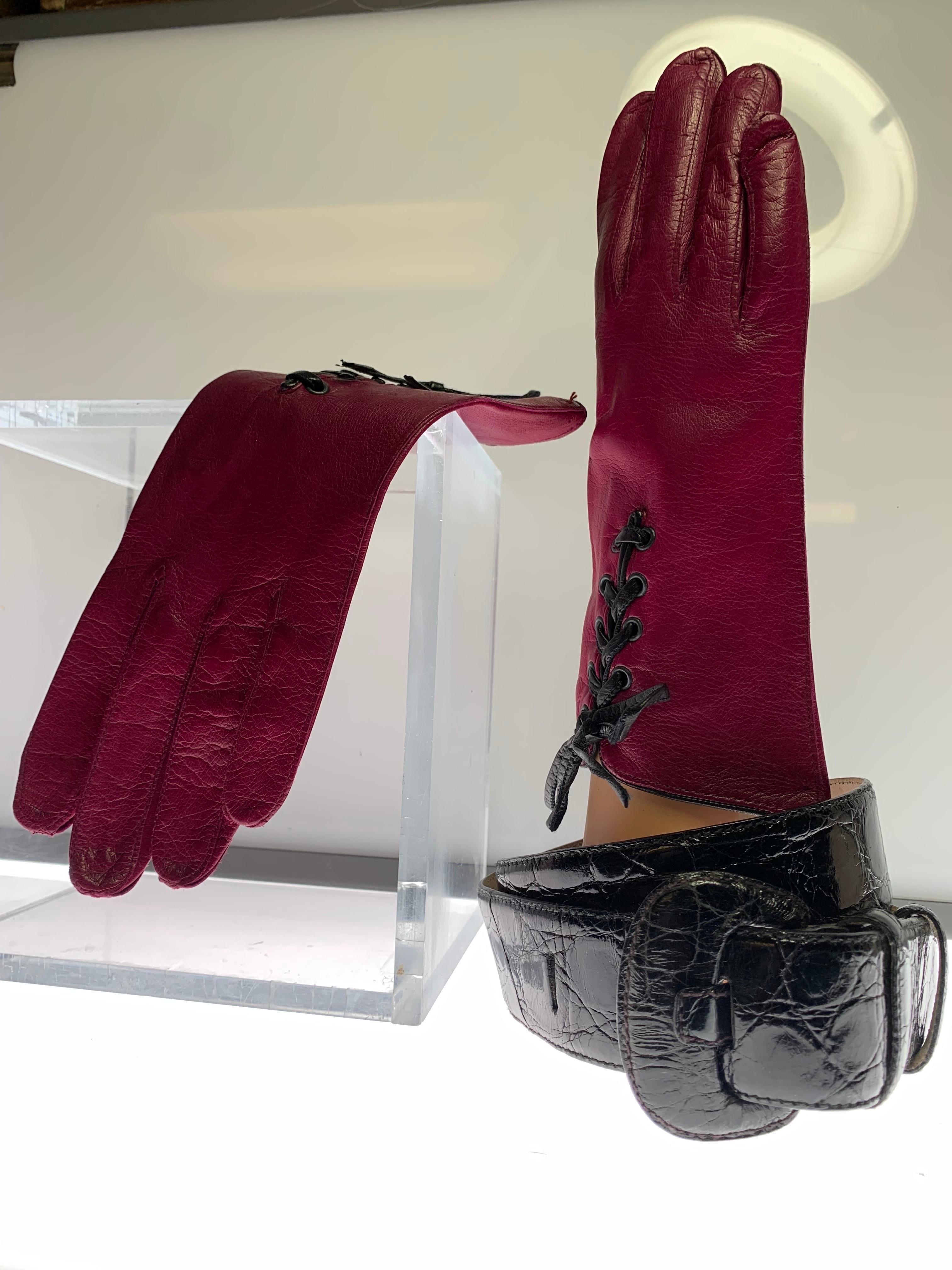 Black 1980s Burgundy Lace-Up Leather Gloves & Genuine Caiman Crocodile Belt Set For Sale