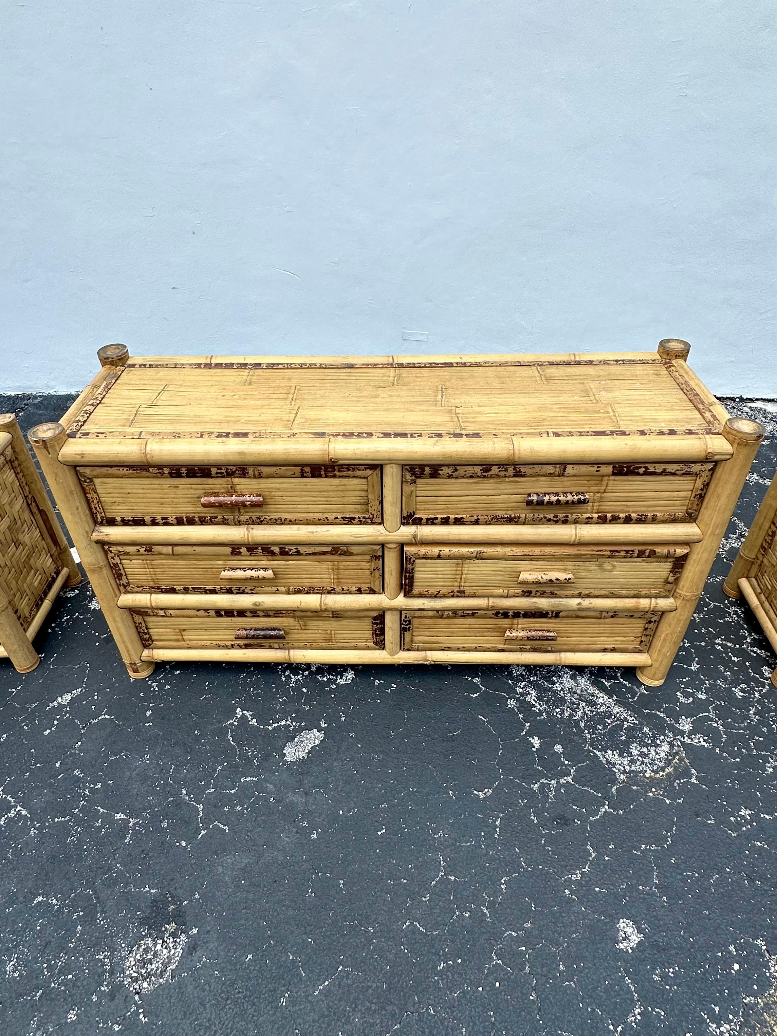 On offer on this occasion is one of the most stunning and rare, Budji rattan and burnt bamboo wood design dresser you could hope to find. In original and unfinished condition. Outstanding design is exhibited throughout. The beautiful dresser is