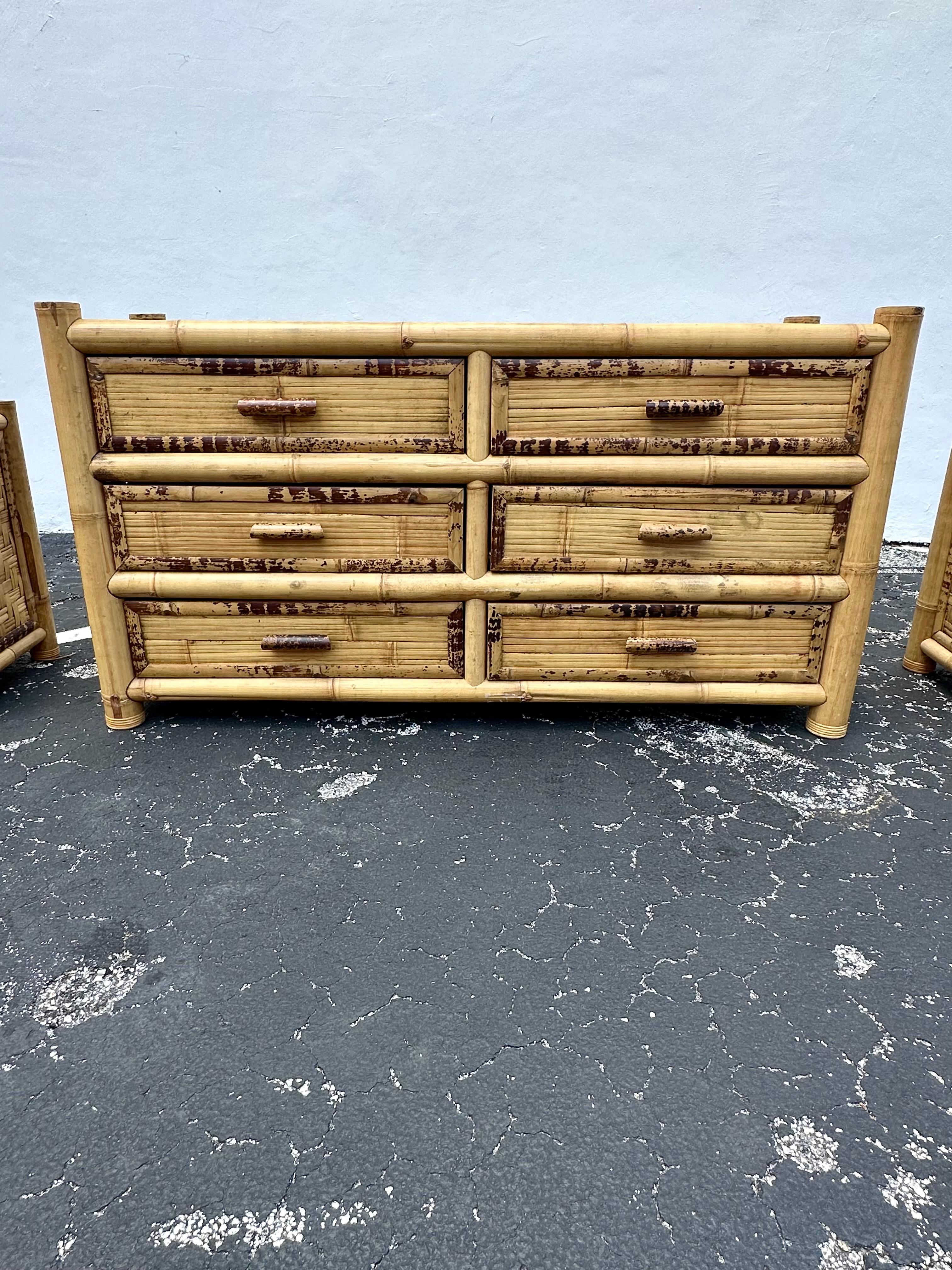 Bohemian 1980s Budji Burnt Bamboo Woven Rattan Budji Dresser For Sale