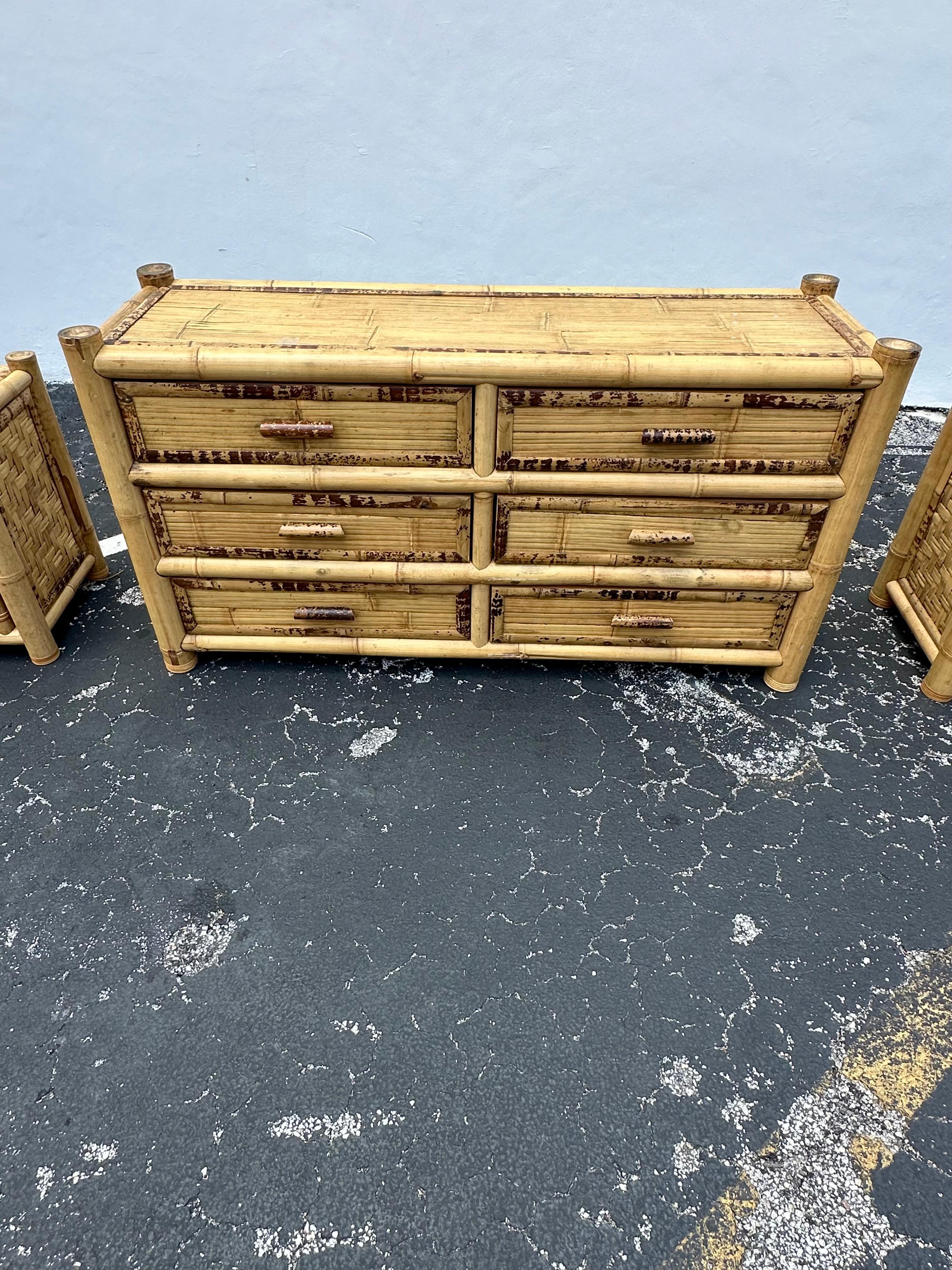 1980s Budji Burnt Bamboo Woven Rattan Budji Dresser In Good Condition For Sale In Fort Lauderdale, FL