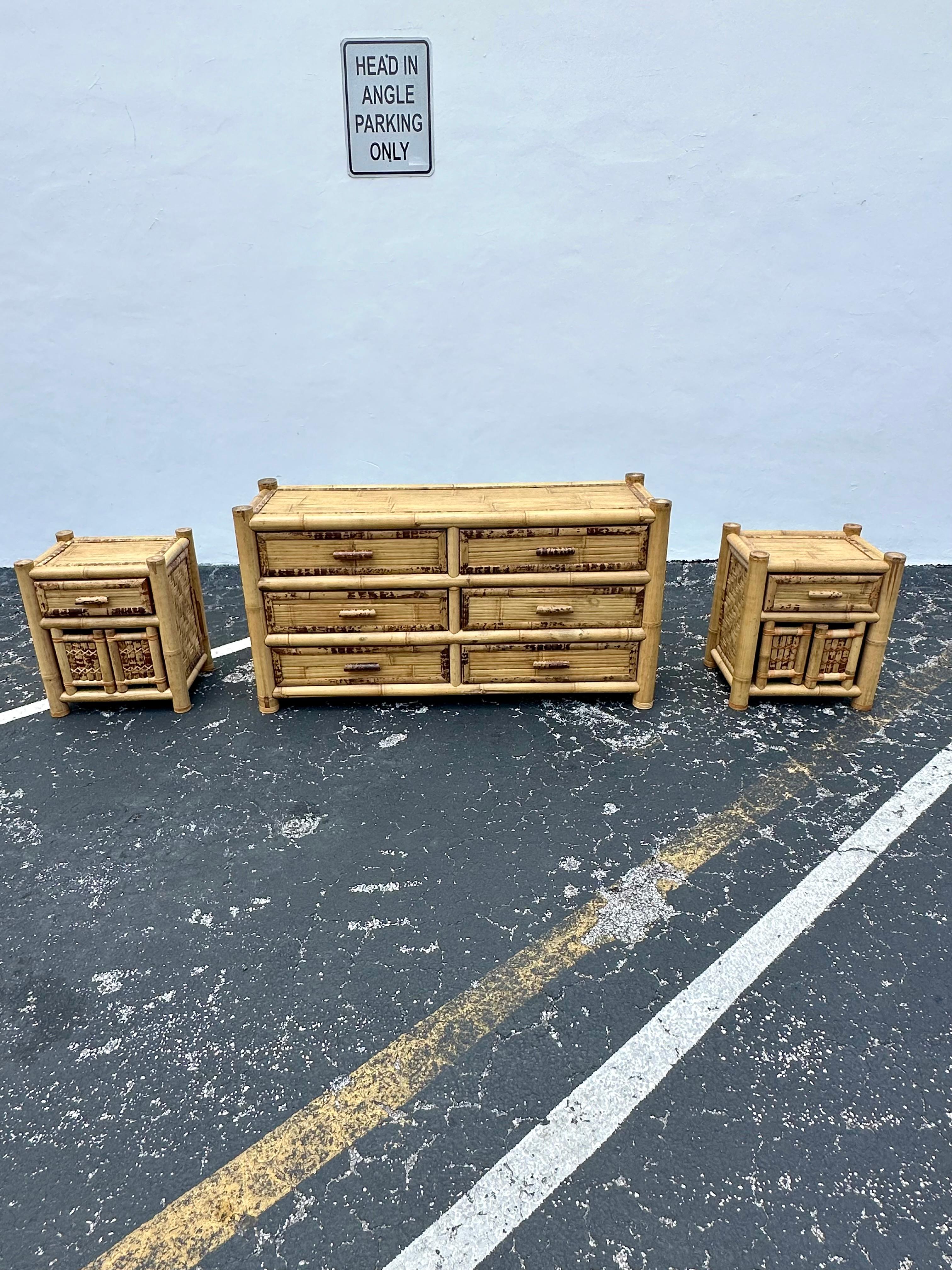 1980s Budji Burnt Bamboo Woven Rattan Budji Dresser For Sale 3