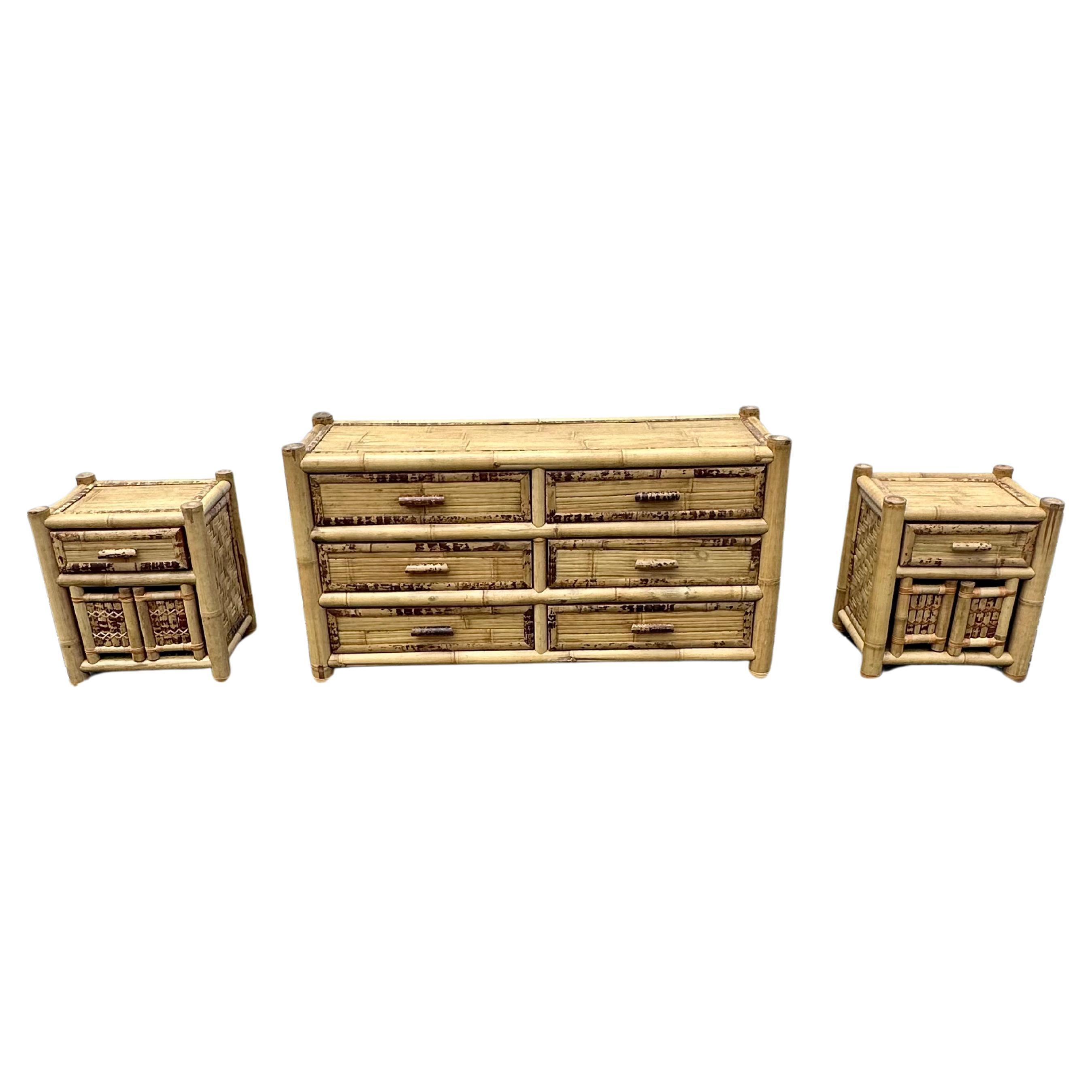 1980s Budji Burnt Bamboo Woven Rattan Budji Dresser