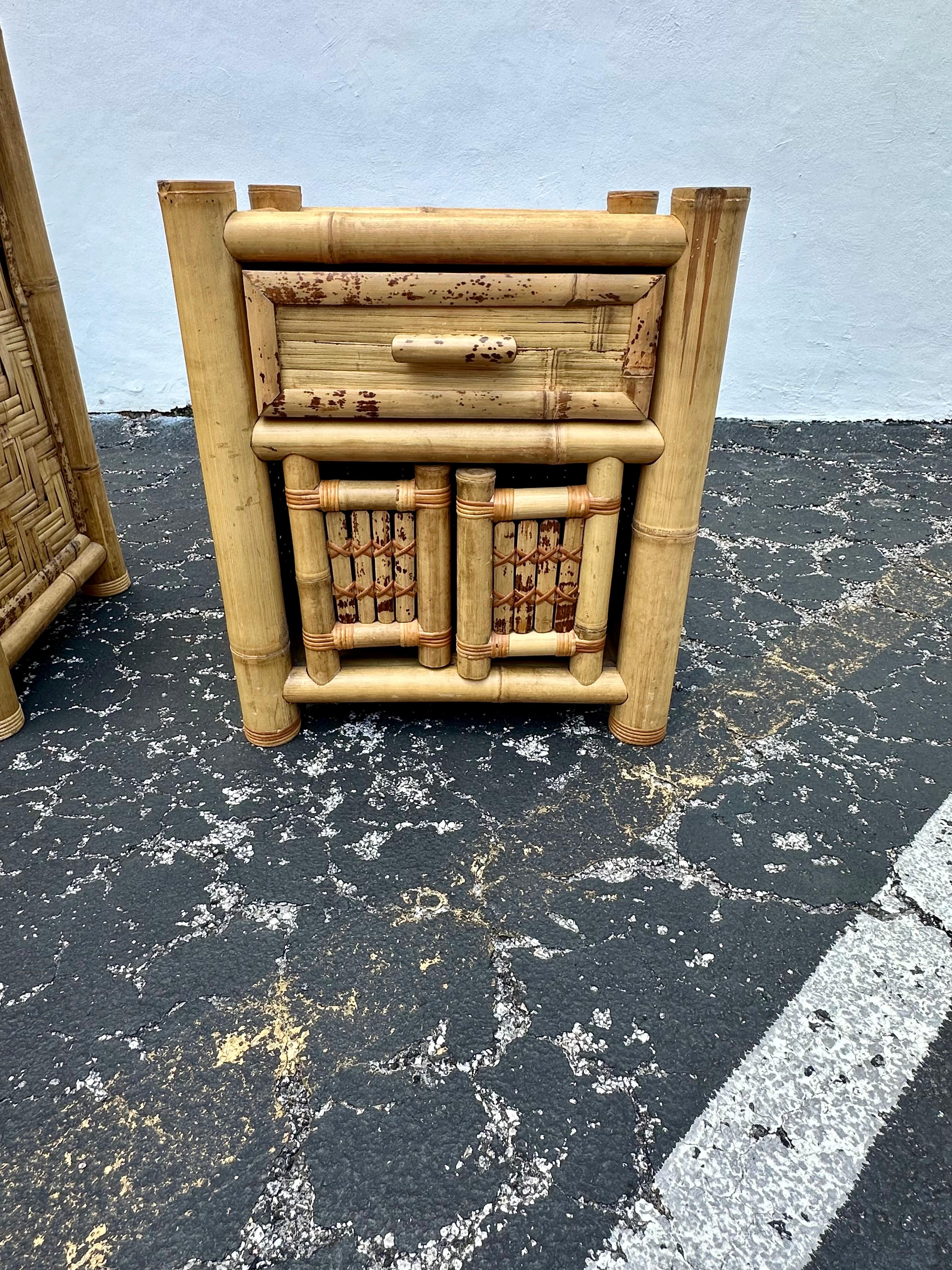 On offer on this occasion is one of the most stunning and rare, Budji rattan and burnt bamboo wood design nightstands you could hope to find. In original and unfinished condition. Outstanding design is exhibited throughout. The beautiful set is