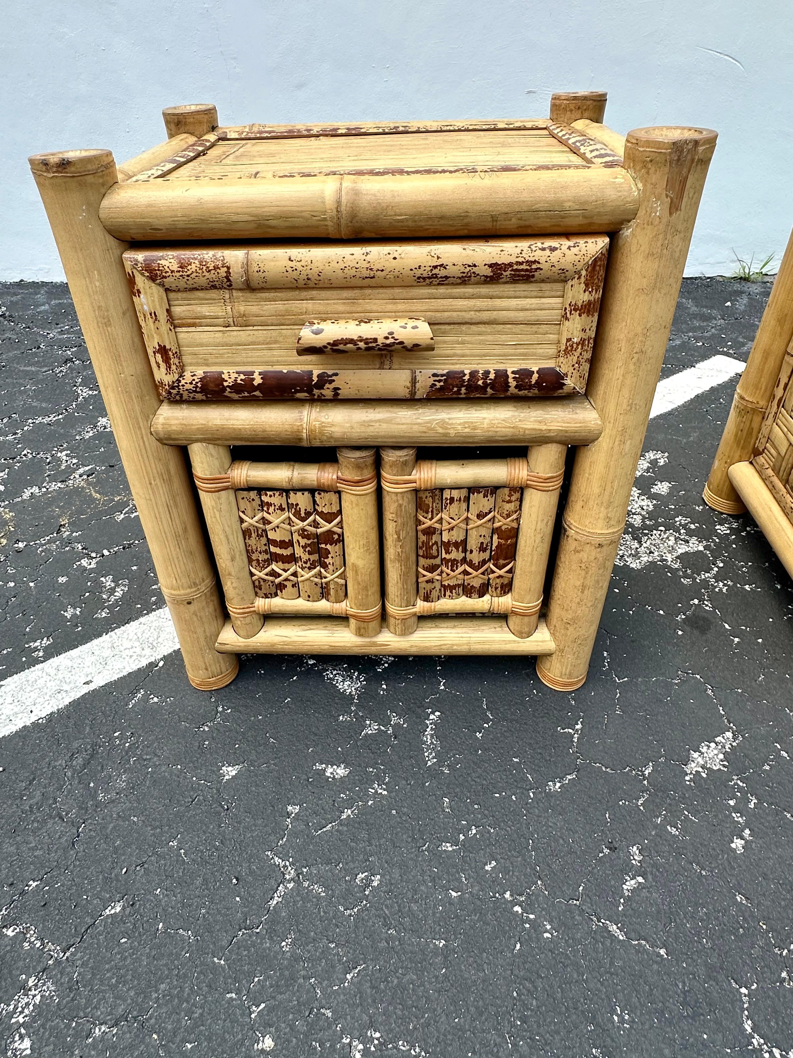 Bohemian 1980s Budji Burnt Bamboo Woven Rattan Nightstands, Set of 2 For Sale