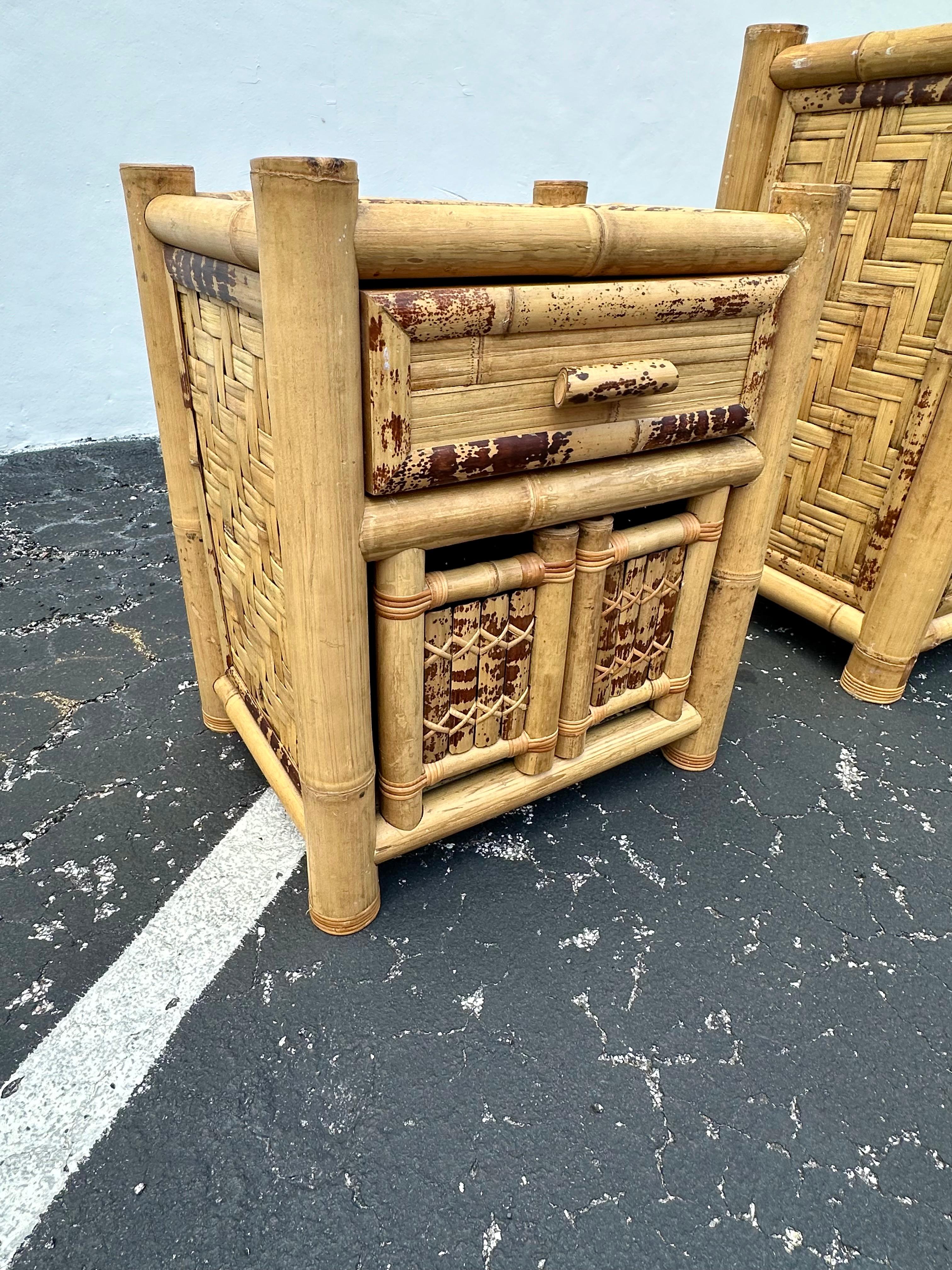 Philippine 1980s Budji Burnt Bamboo Woven Rattan Nightstands, Set of 2 For Sale