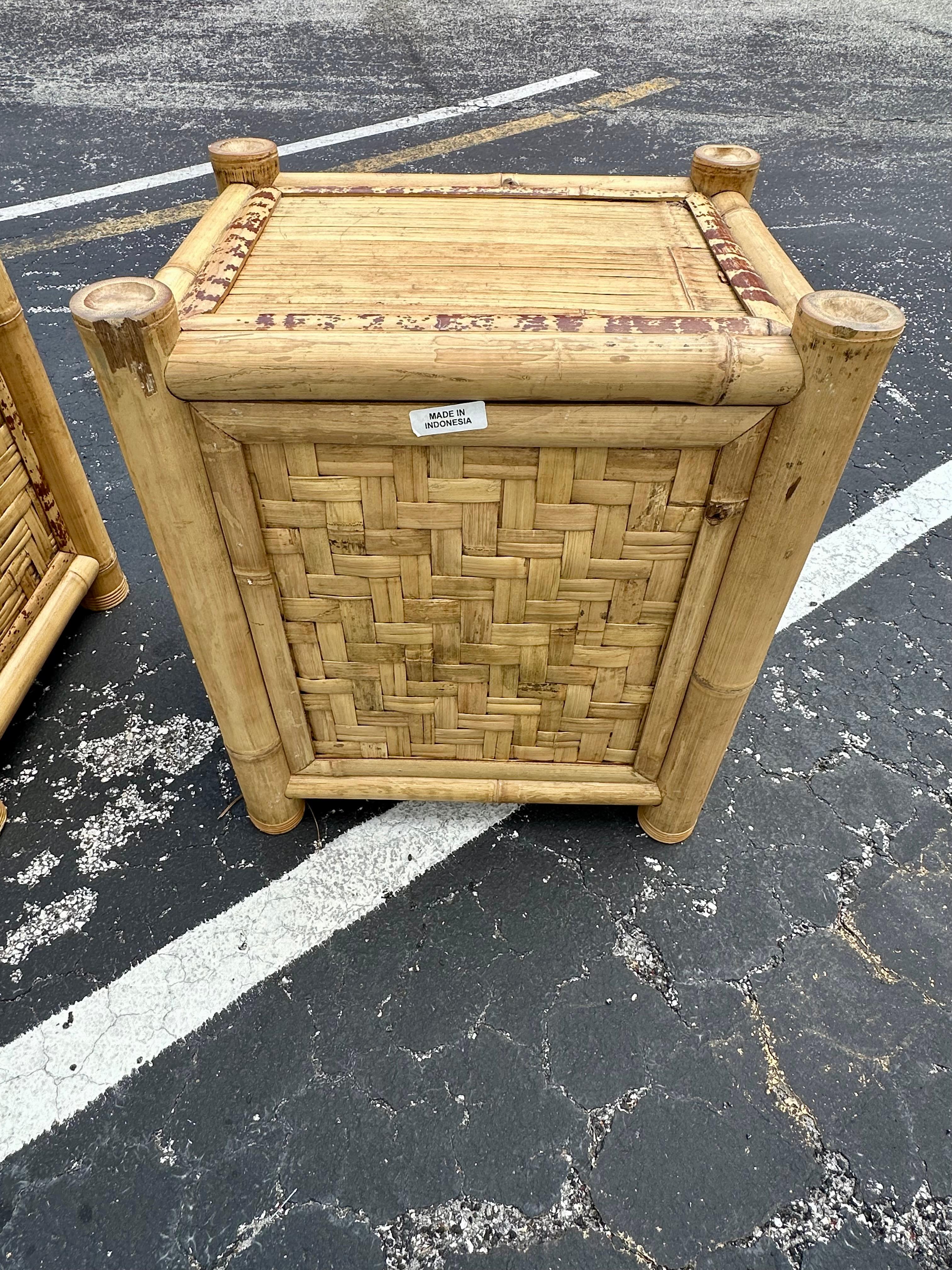 1980s Budji Burnt Bamboo Woven Rattan Nightstands, Set of 2 In Good Condition For Sale In Fort Lauderdale, FL